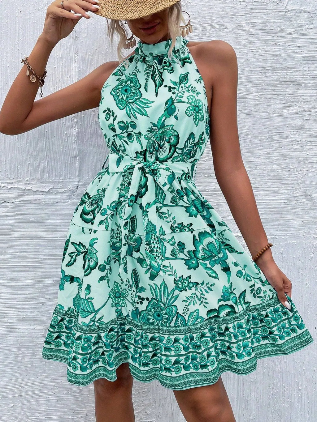 Floral Halter Neck Summer Dress with Belt - Blushé Belle