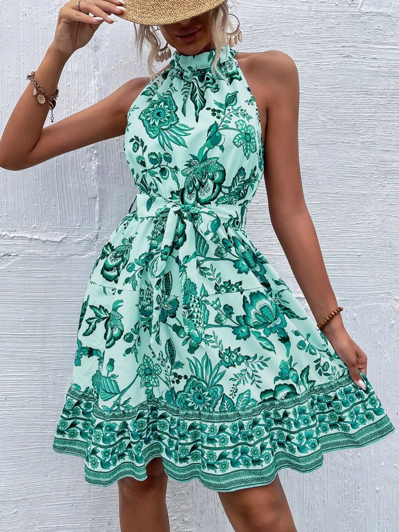 Floral Halter Neck Summer Dress with Belt - Blushé Belle