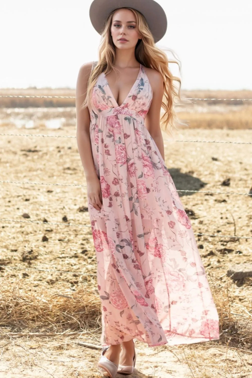 Floral Pleated Deep V Backless Maxi Dress - Blushé Belle