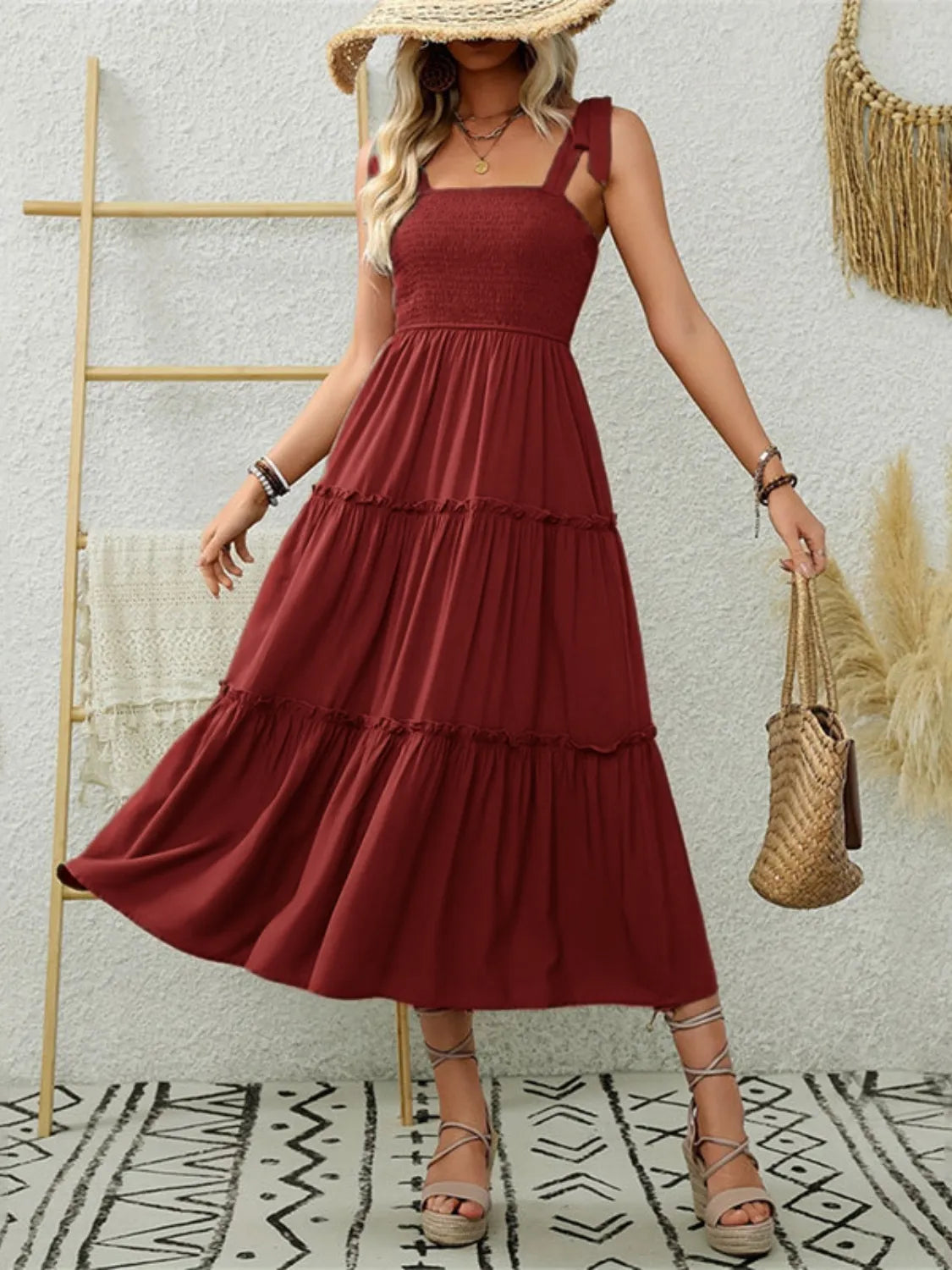 Smocked Tiered Midi Dress with Tie Straps - Blushé Belle