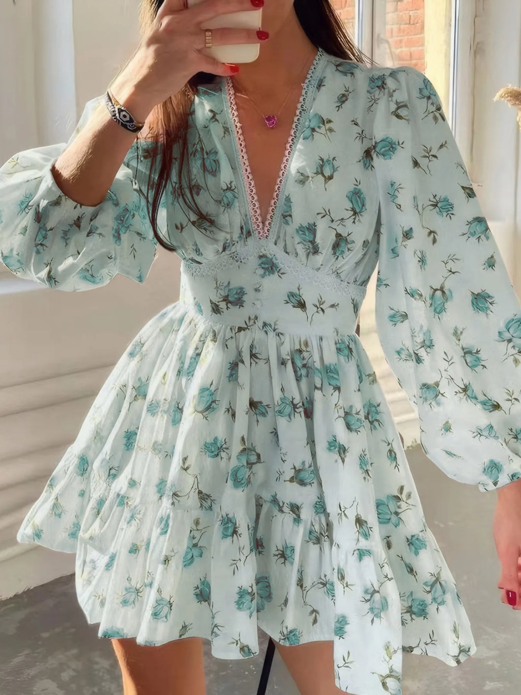 Full Size Floral Print Lace Detail V-Neck Mini Dress Plus SIze - Blushé Belle