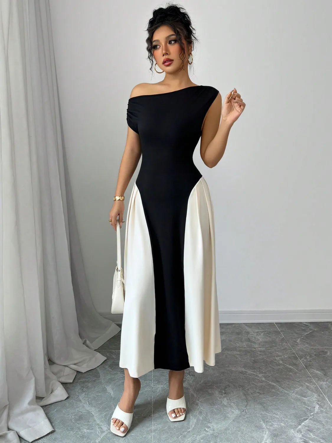 Contrast Single Shoulder Midi Dress - Blushé Belle