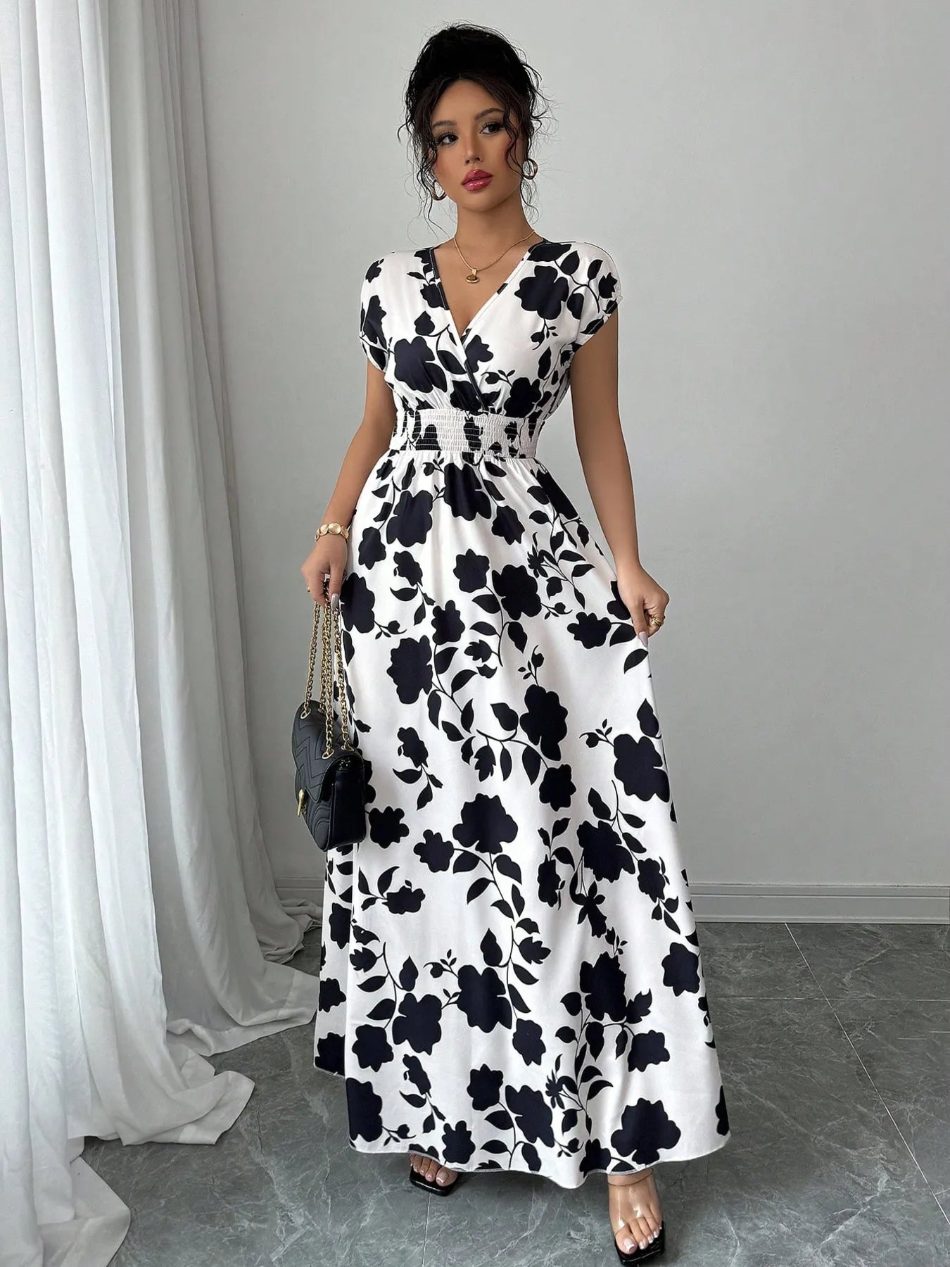 Printed Surplice Cap Sleeve Maxi Dress - Blushé Belle