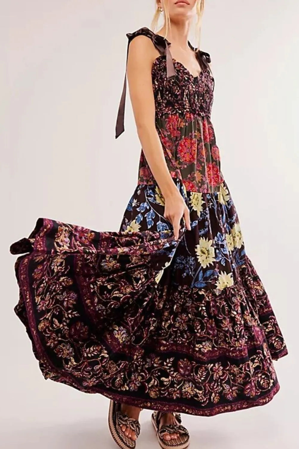 Floral Tiered Maxi Dress with Mixed Print Design - Blushé Belle