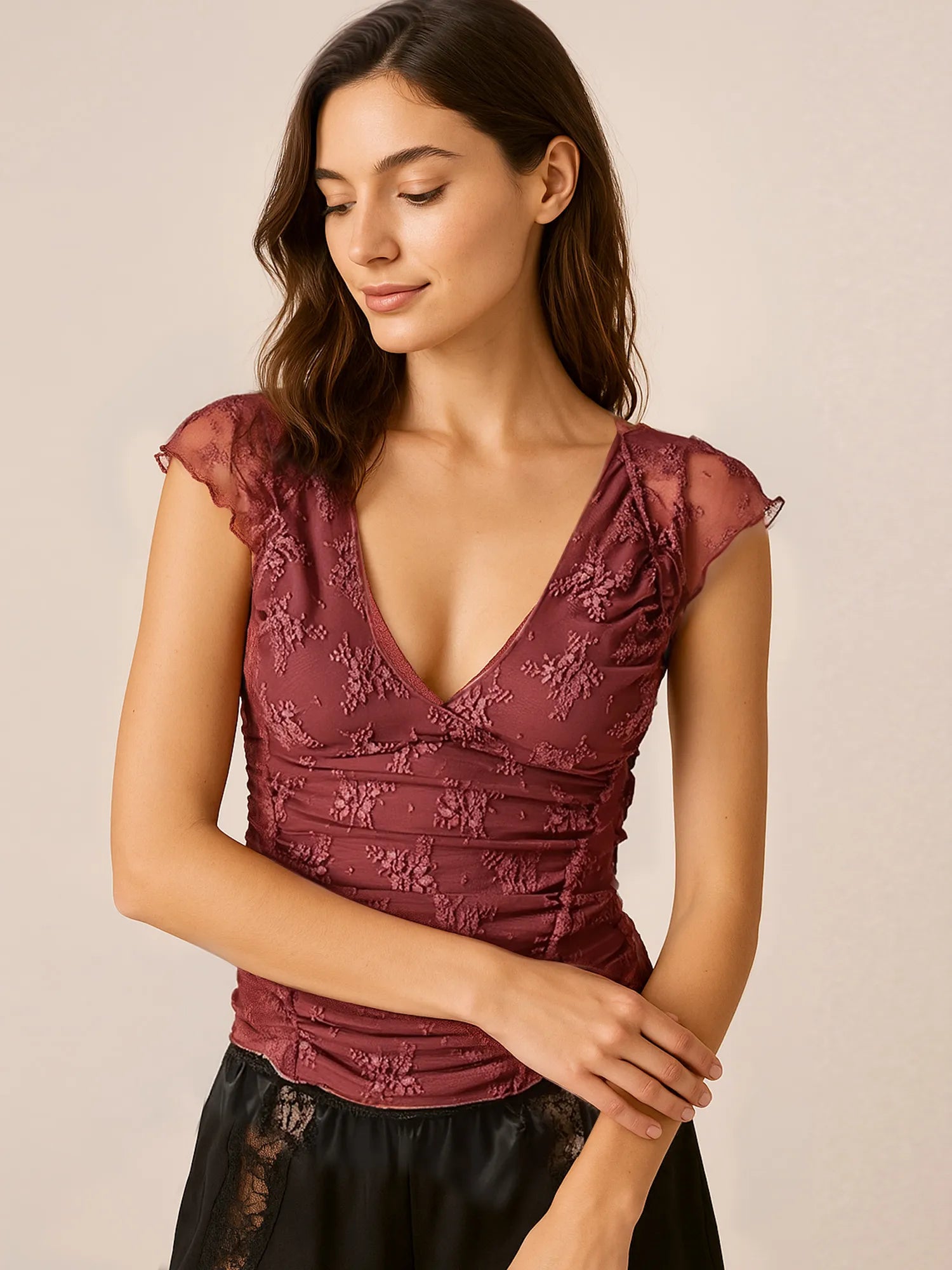 Lace Cap Sleeve Ruched T-Shirt - Blushé Belle