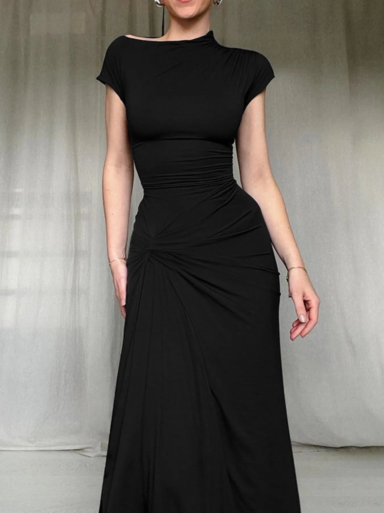 Ruched Slit Cap Sleeve Maxi Dress - Blushé Belle