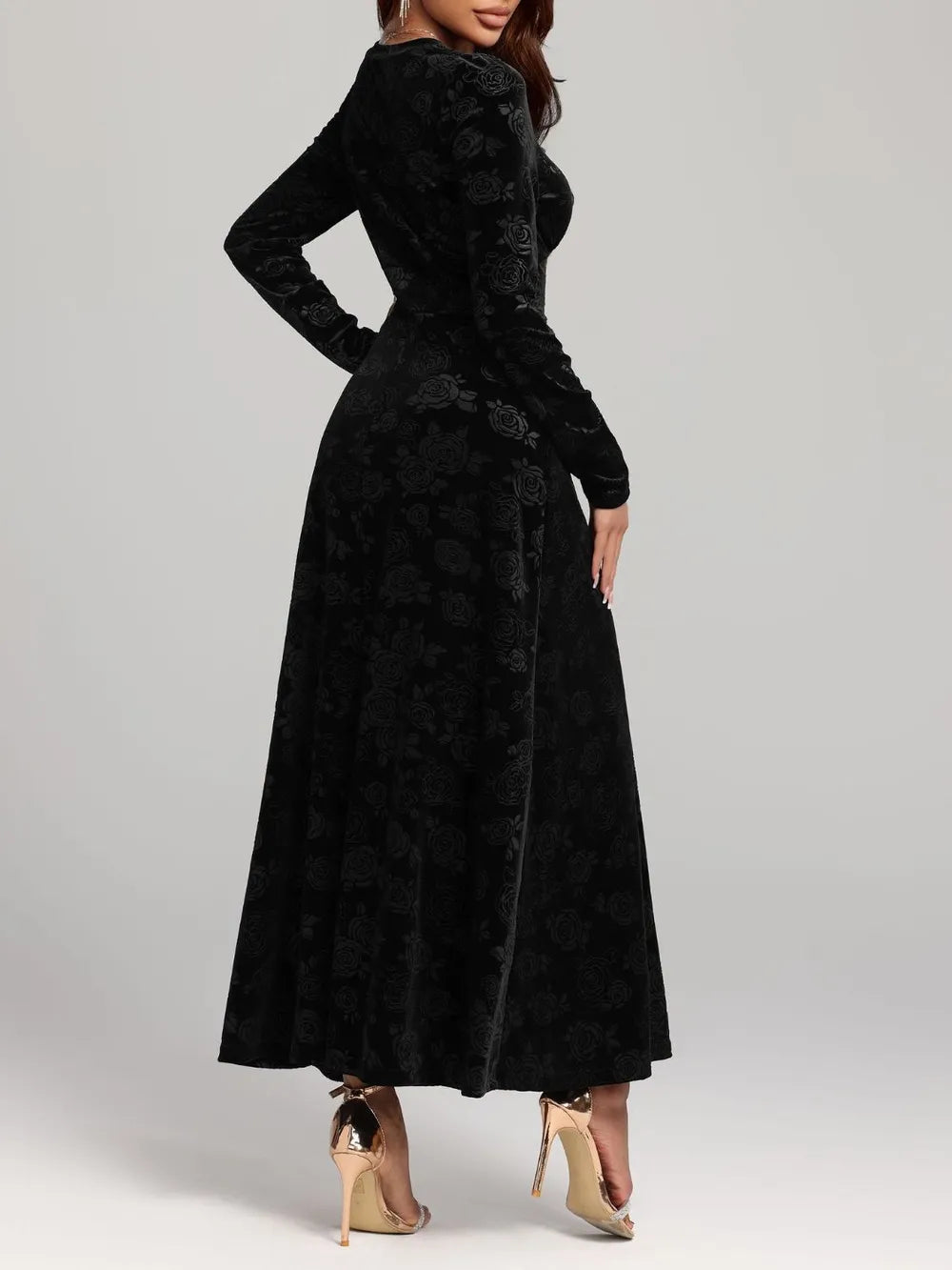 Rose Print V-Neck Long Sleeve Dress - Blushé Belle