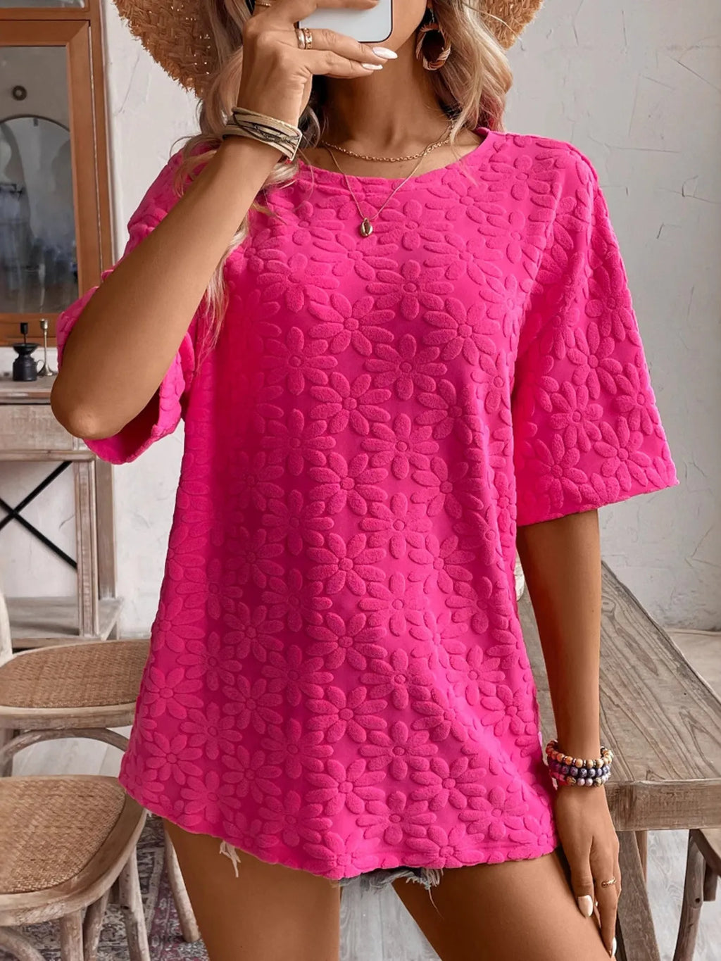Textured Round Neck Oversized T-Shirt - Blushé Belle