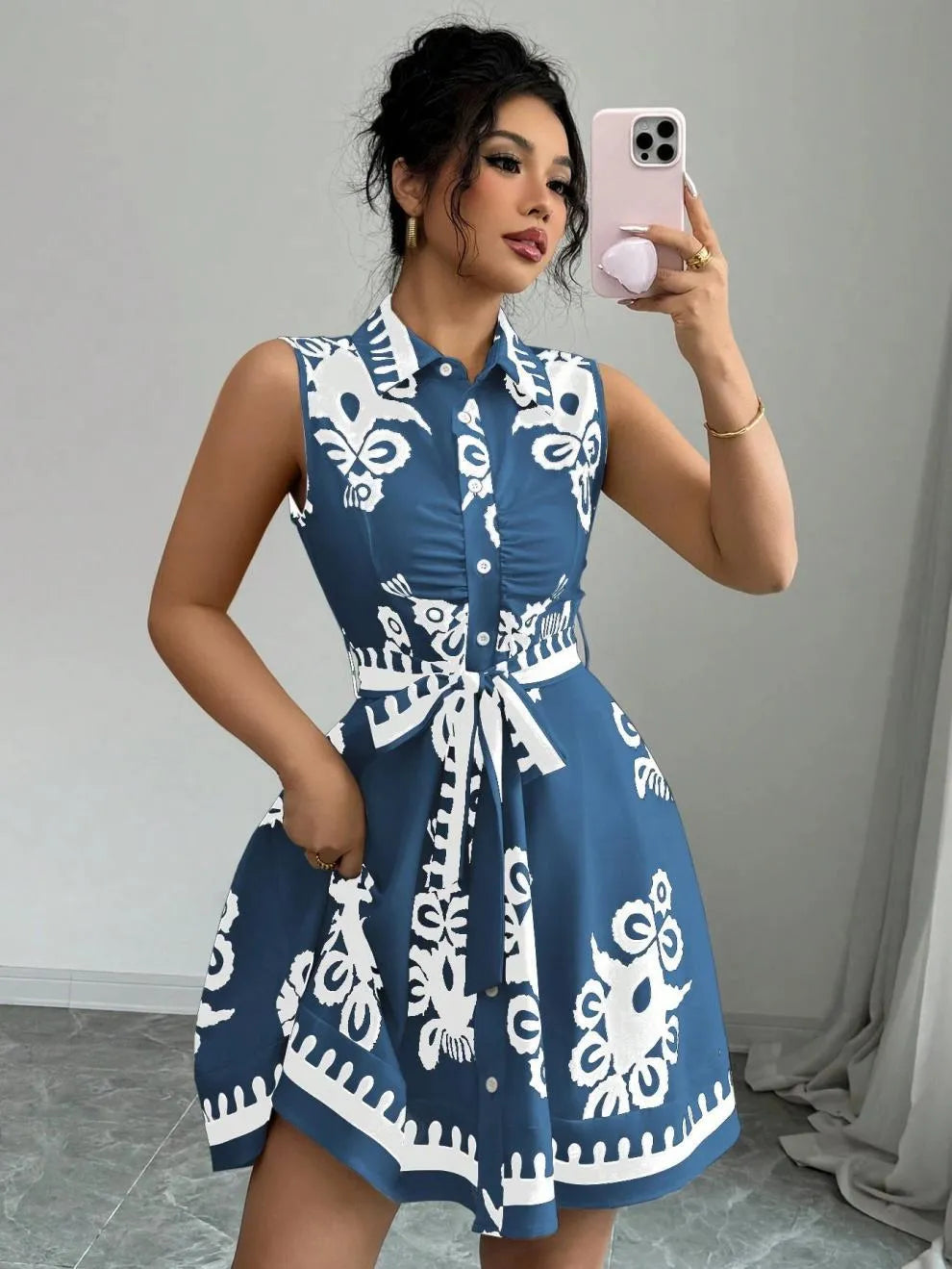 Printed Sleeveless Button Front Dress - Blushé Belle
