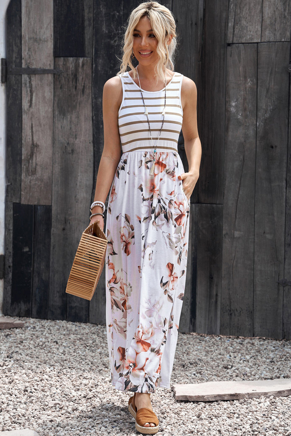 Striped Floral Round Neck Sleeveless Maxi Dress - Blushé Belle