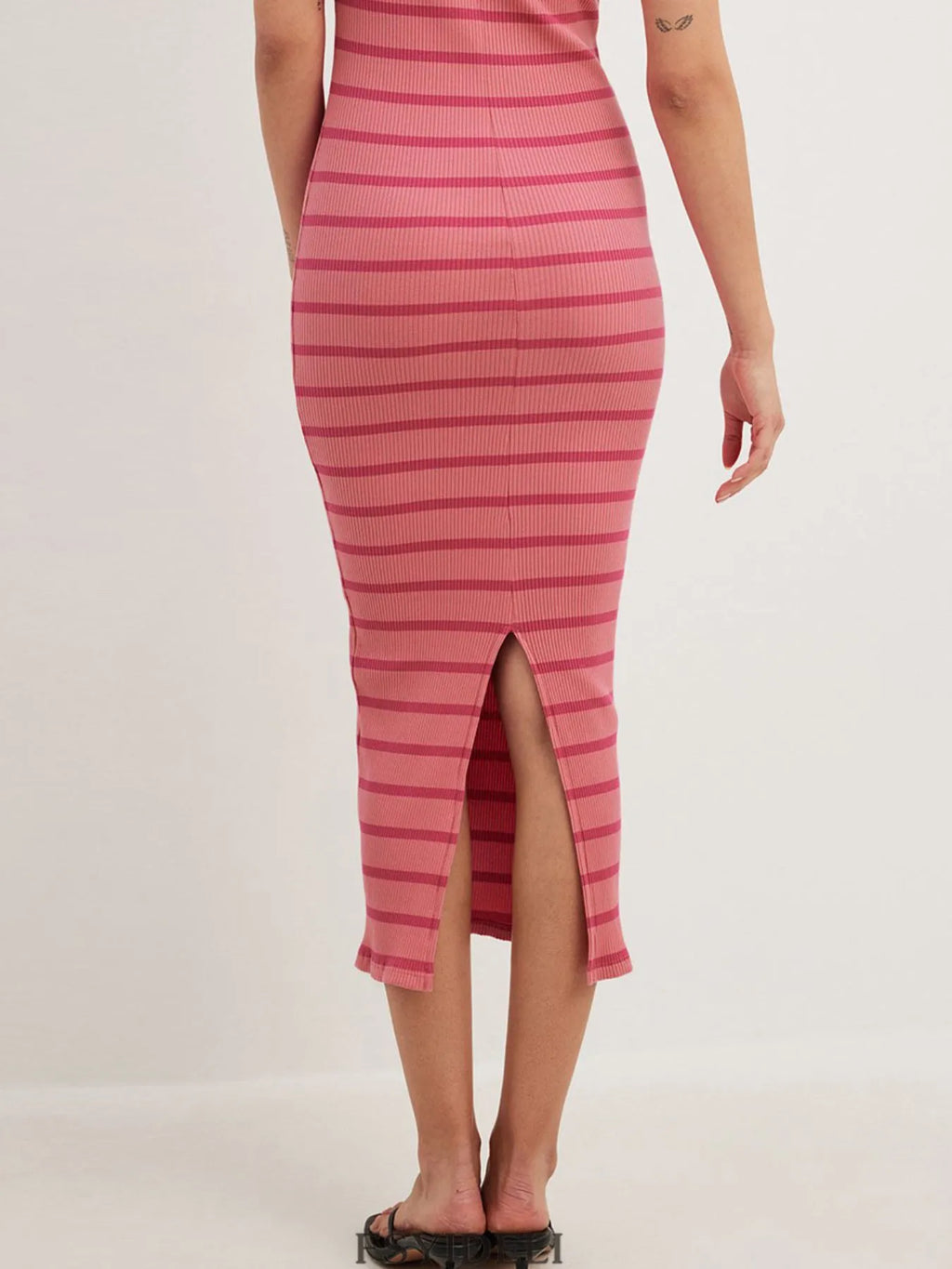 Slit Back Striped Strapless Bodycon Midi Dress - Blushé Belle