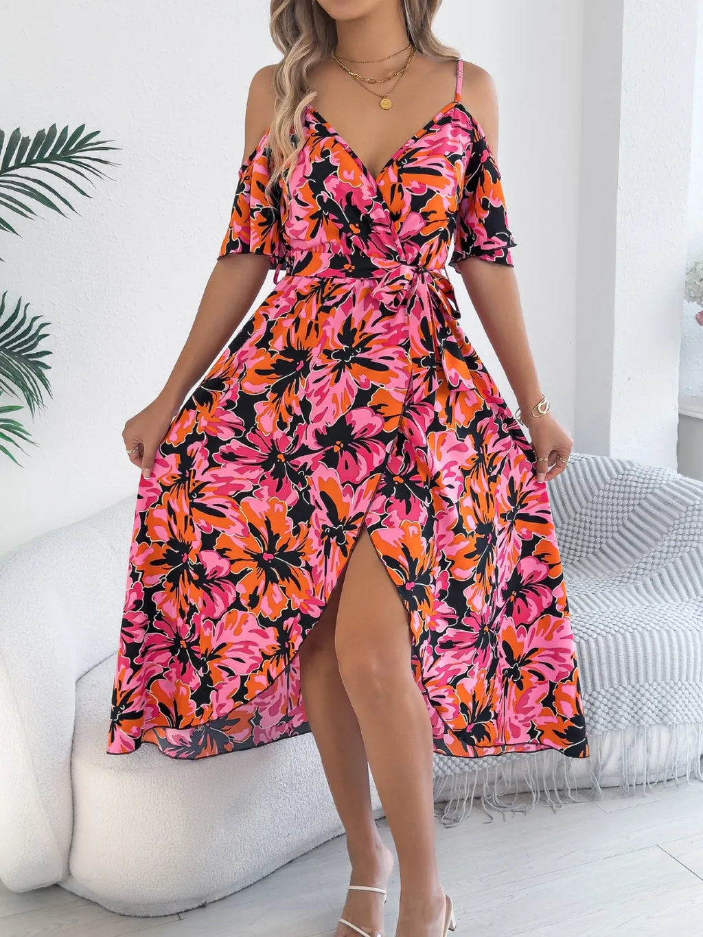 Printed Cold Shoulder Midi Cami Dress - Blushé Belle
