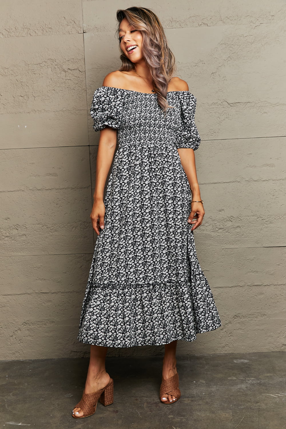 Perfee Floral Lace-Up Off-Shoulder Midi Dress - Blushé Belle