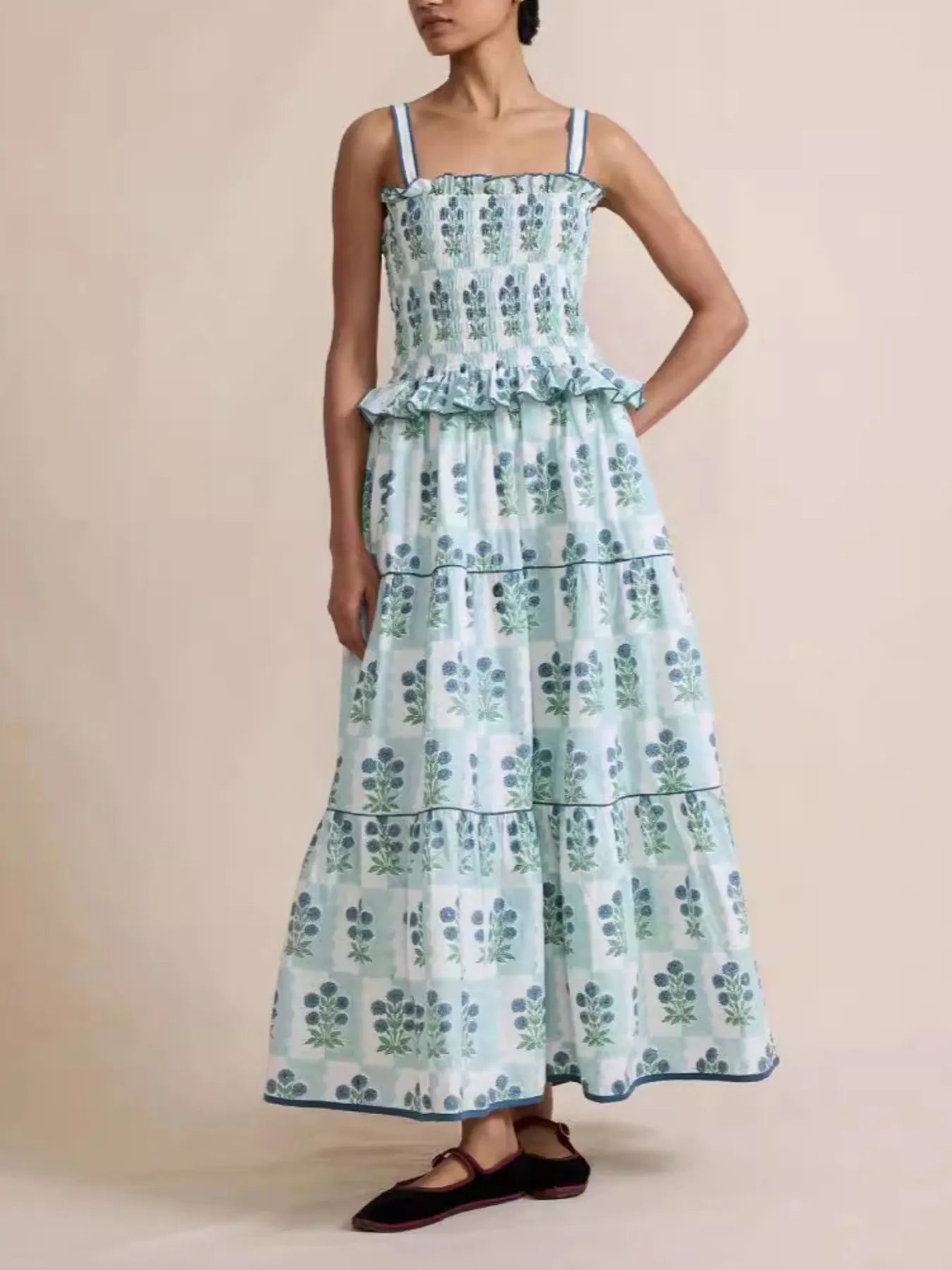 Bohemian Floral Print Smocked Tiered Maxi Dress - Blushé Belle