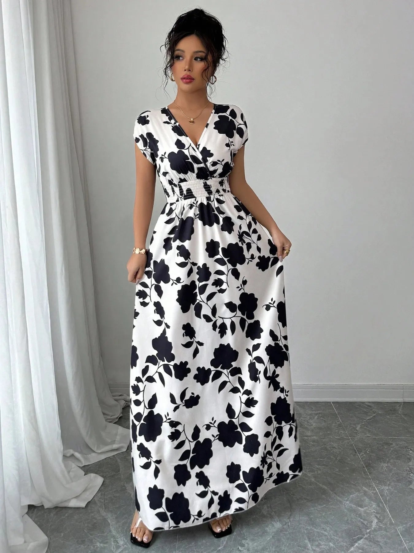 Printed Surplice Cap Sleeve Maxi Dress - Blushé Belle