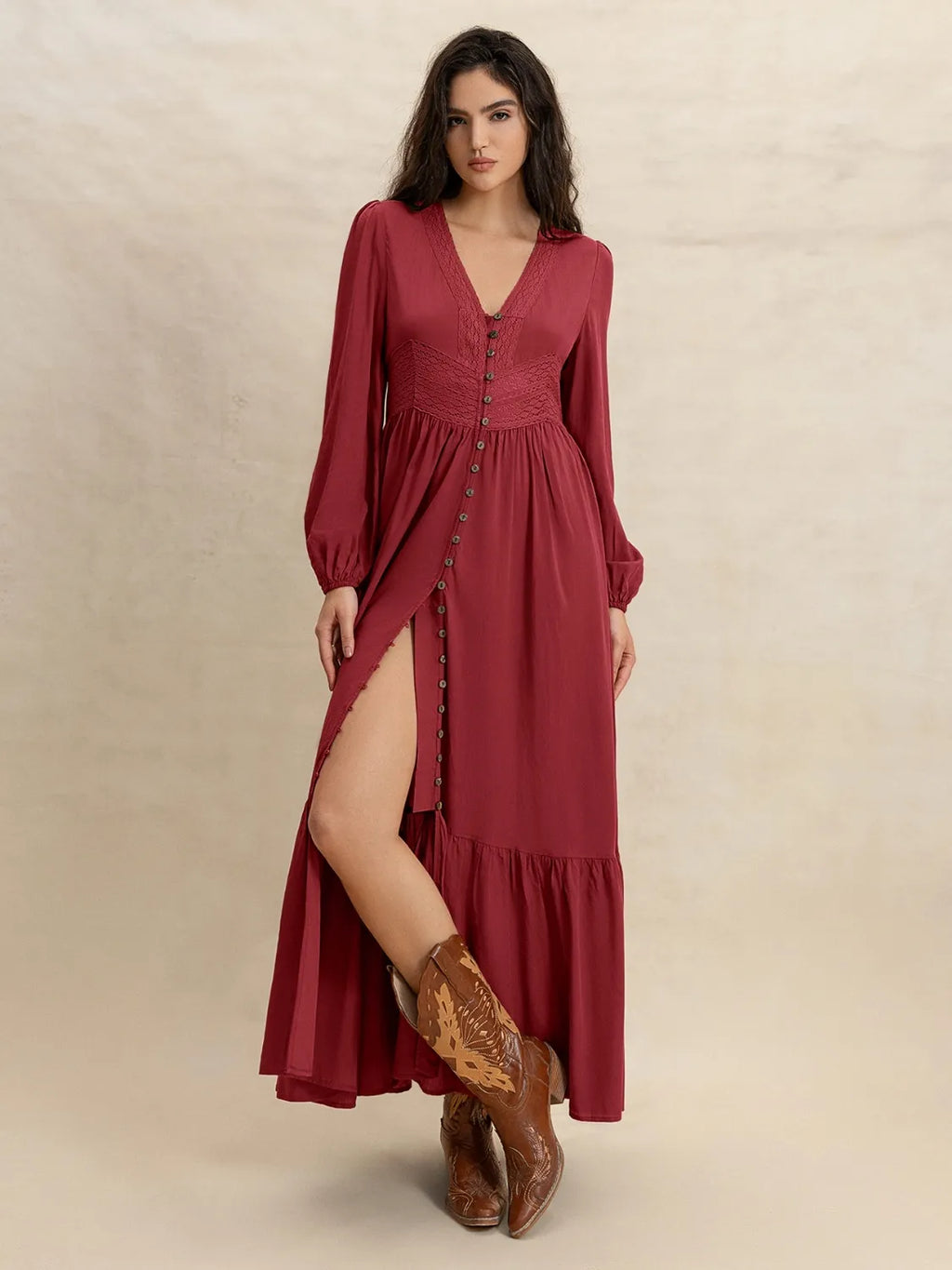 V-Neck Balloon Sleeve Ruffled Hem Maxi Dress - Blushé Belle