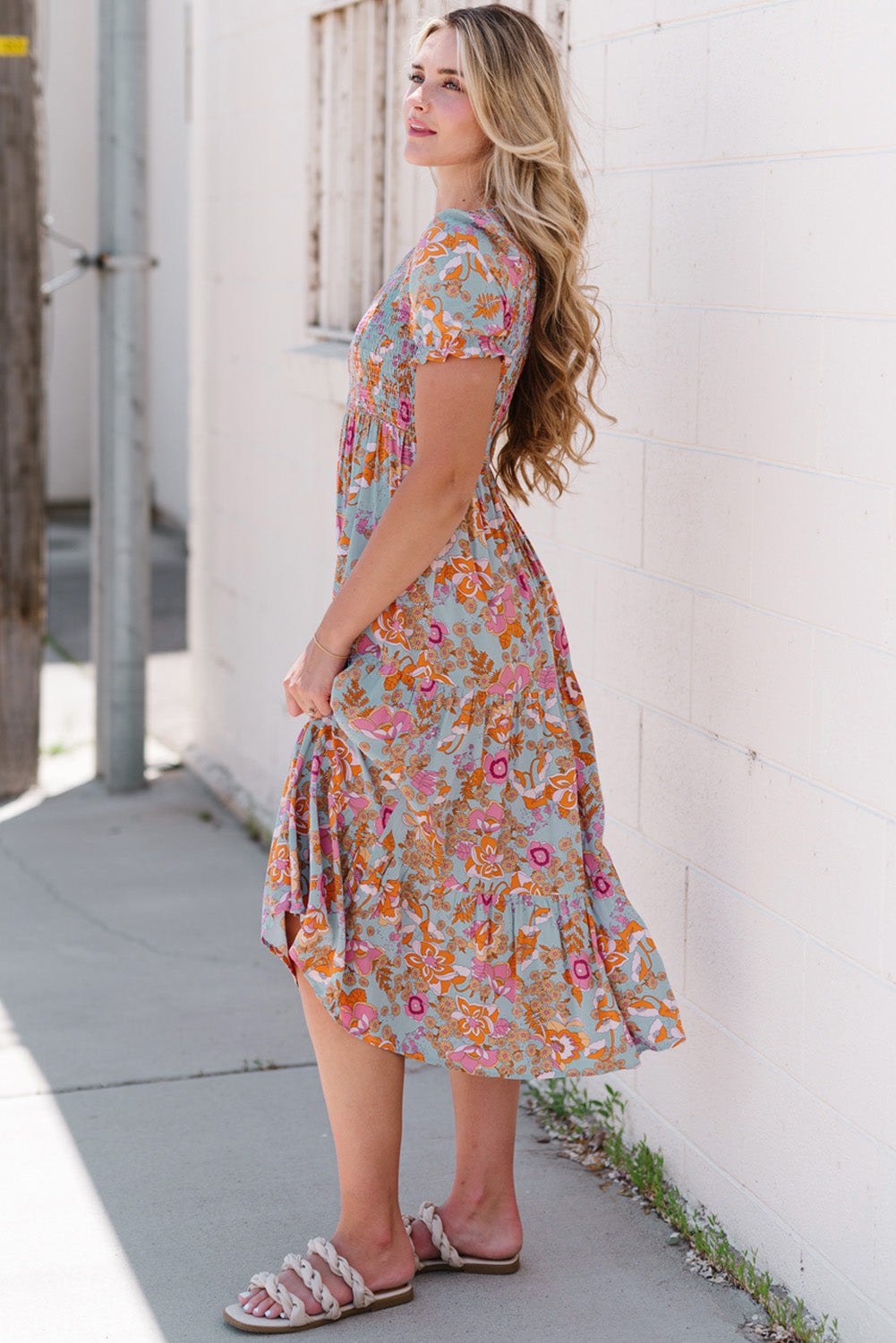 Floral Flounce Sleeve Round Neck Midi Dress - Blushé Belle