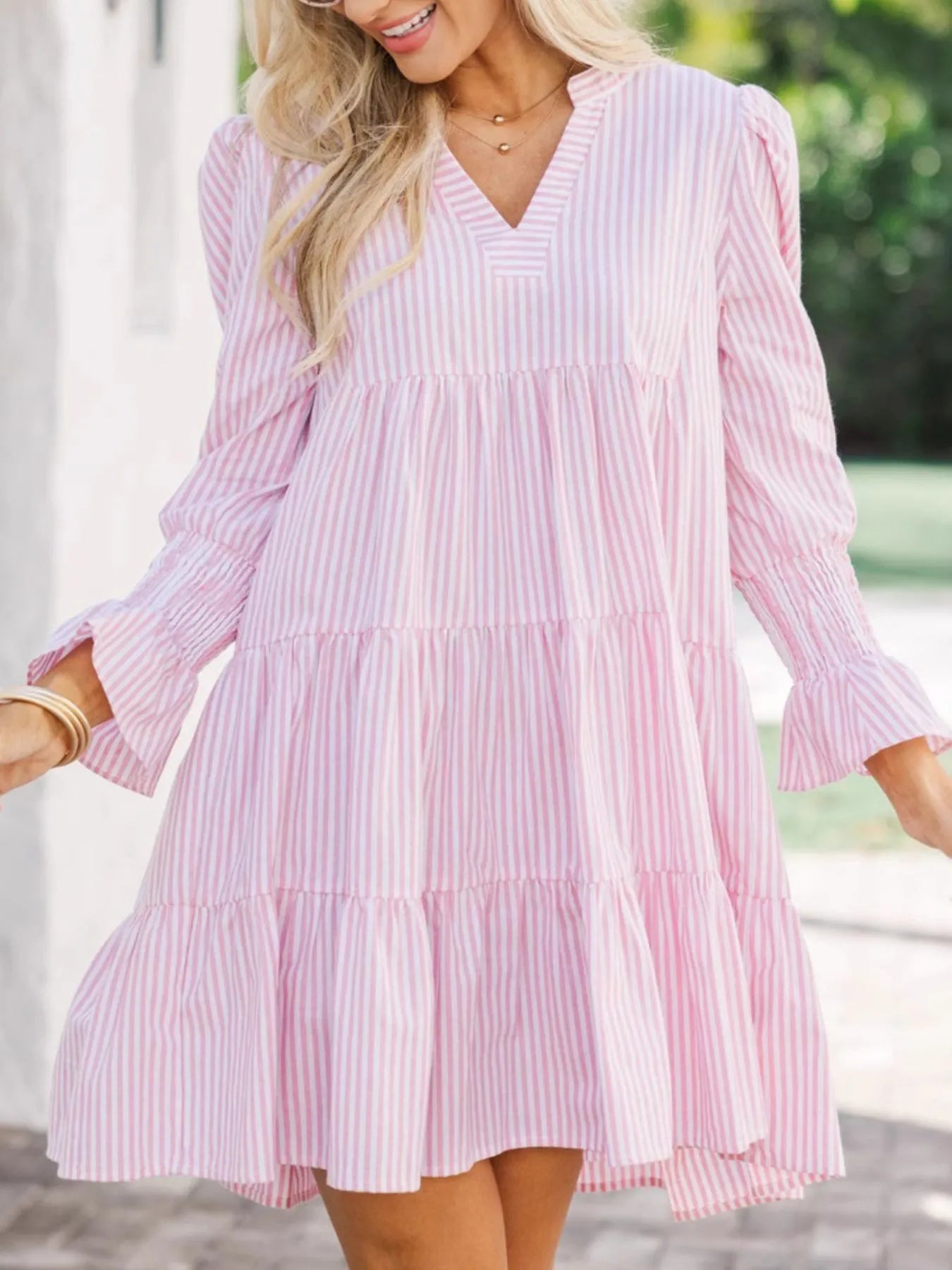 Striped Tiered Flounce Sleeve Shirt Dress - Blushé Belle