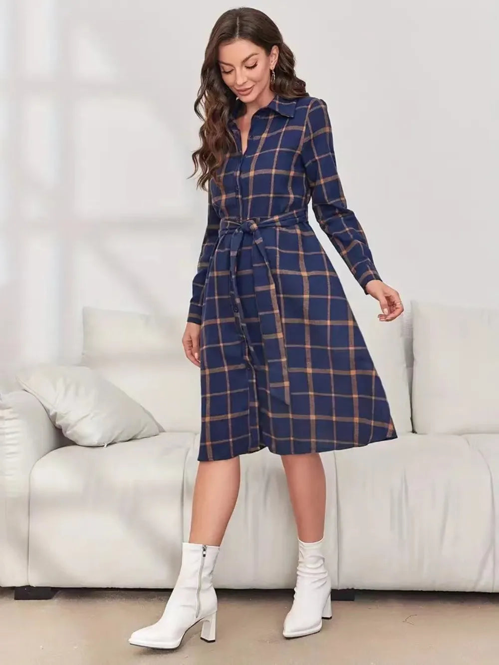 Plaid Tie Waist Long Sleeve Dress - Blushé Belle