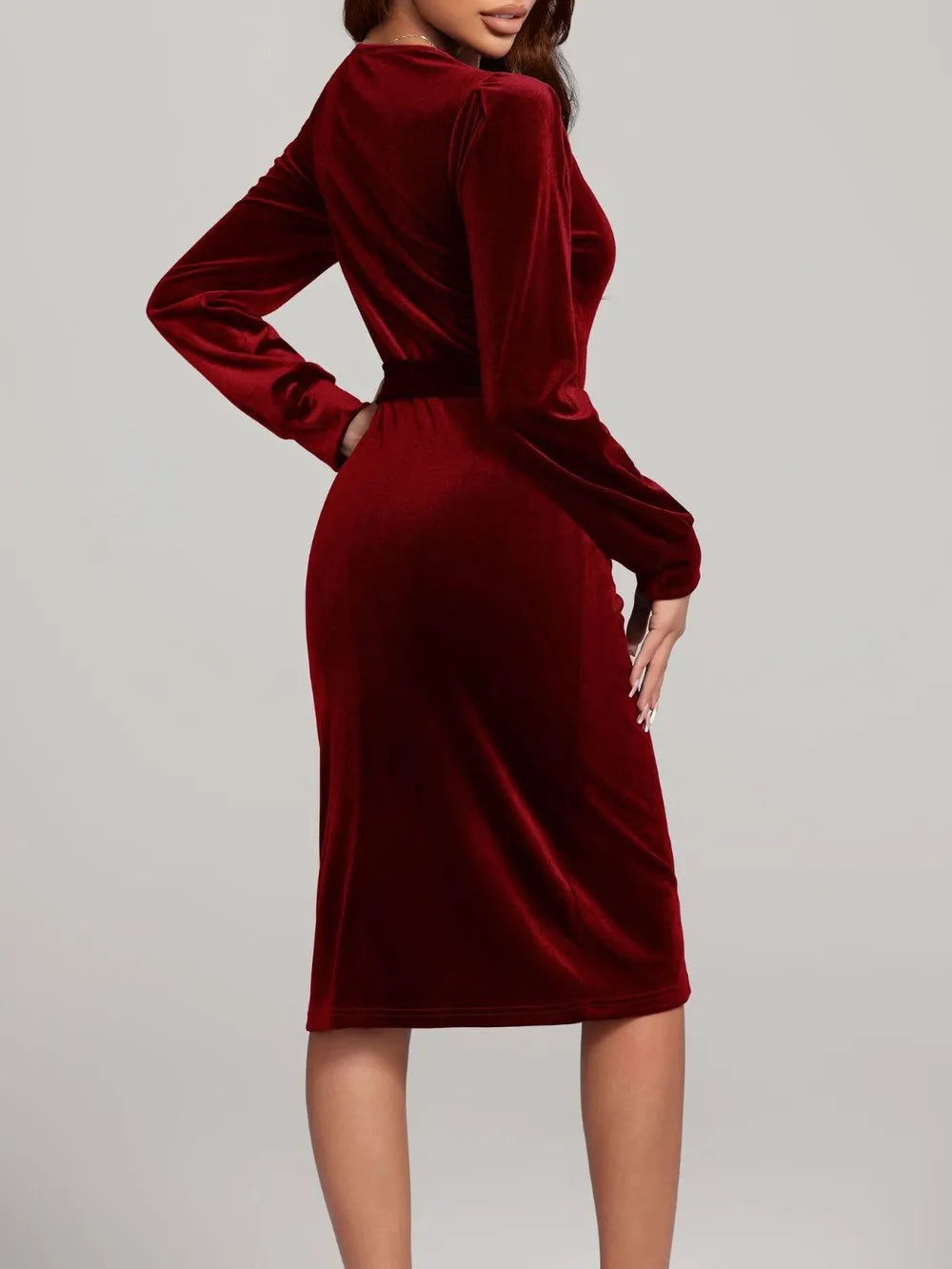 Round Neck Tie Waist Long Sleeve Velvet Dress - Blushé Belle