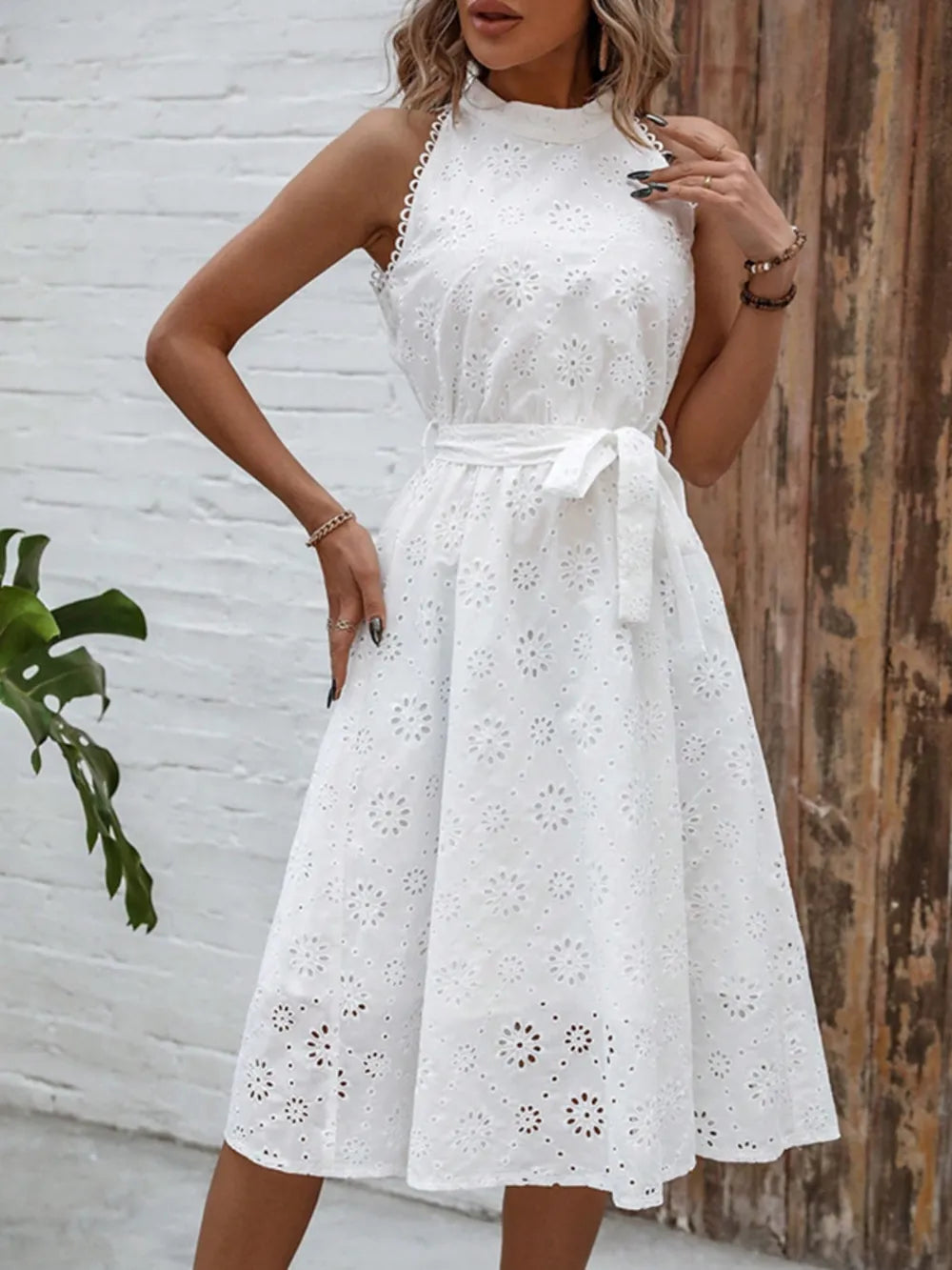 Eyelet Grecian Neck Tie Waist Midi Dress - Blushé Belle