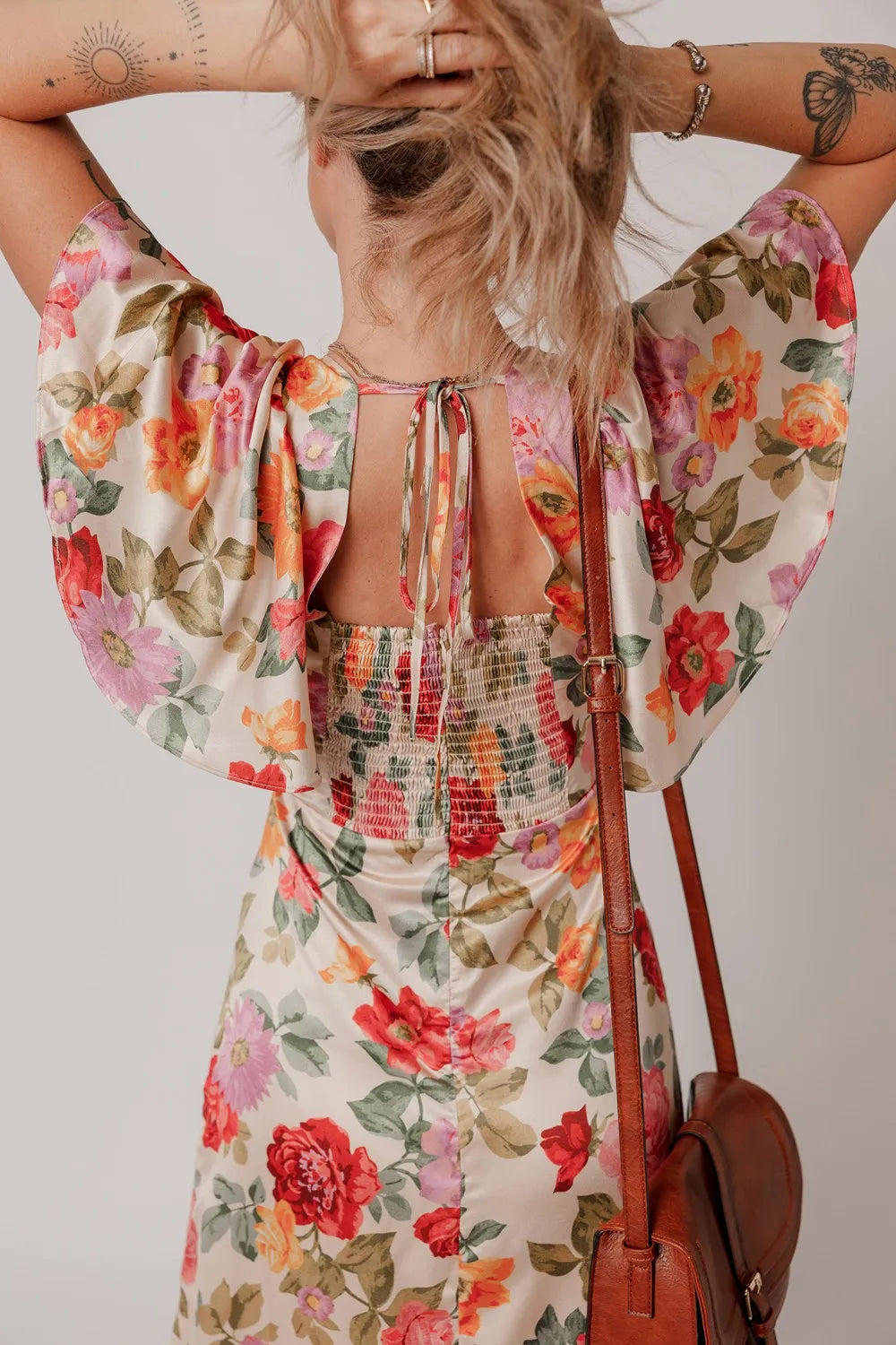 Floral Short Sleeve Tie Back Slit Dress - Blushé Belle