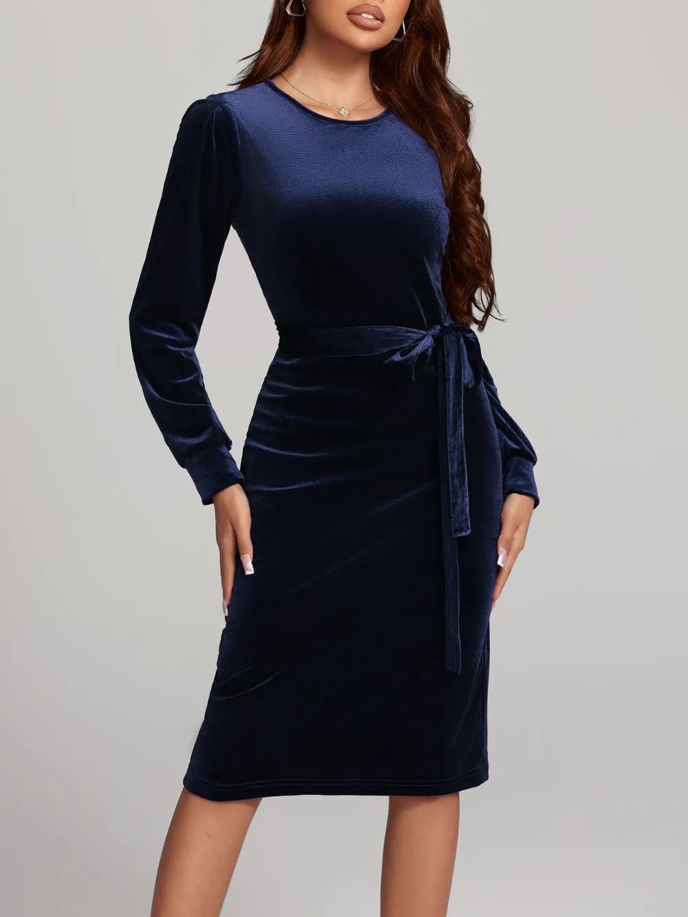 Round Neck Tie Waist Long Sleeve Velvet Dress - Blushé Belle