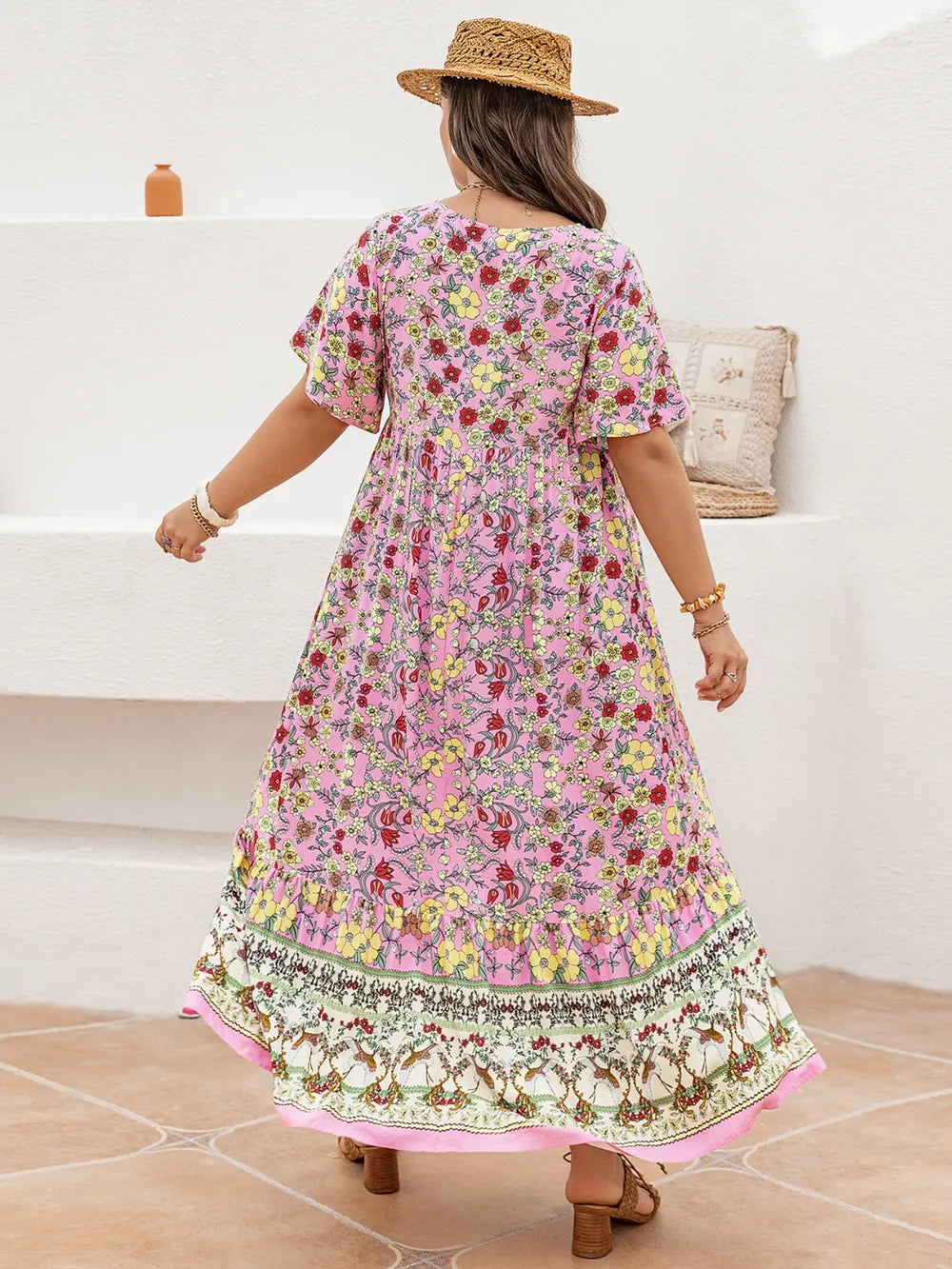 Plus Size Floral Tie Neck Flutter Sleeve Maxi Dress - Blushé Belle
