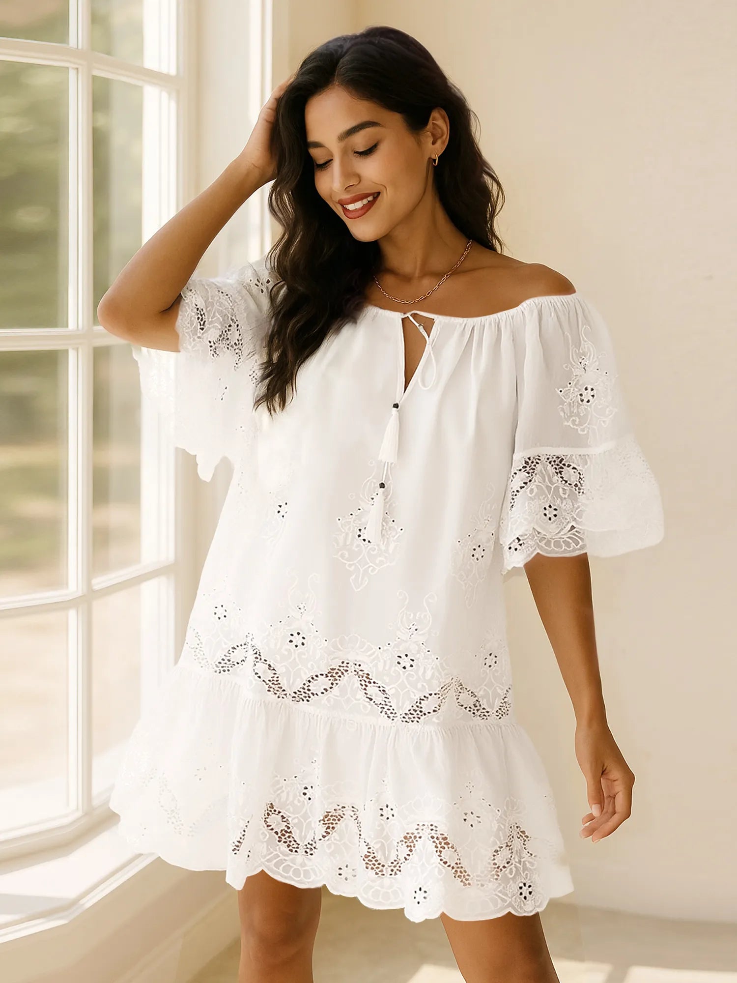 Eyelet Embroidered Tassel Tie Neck Dress - Blushé Belle