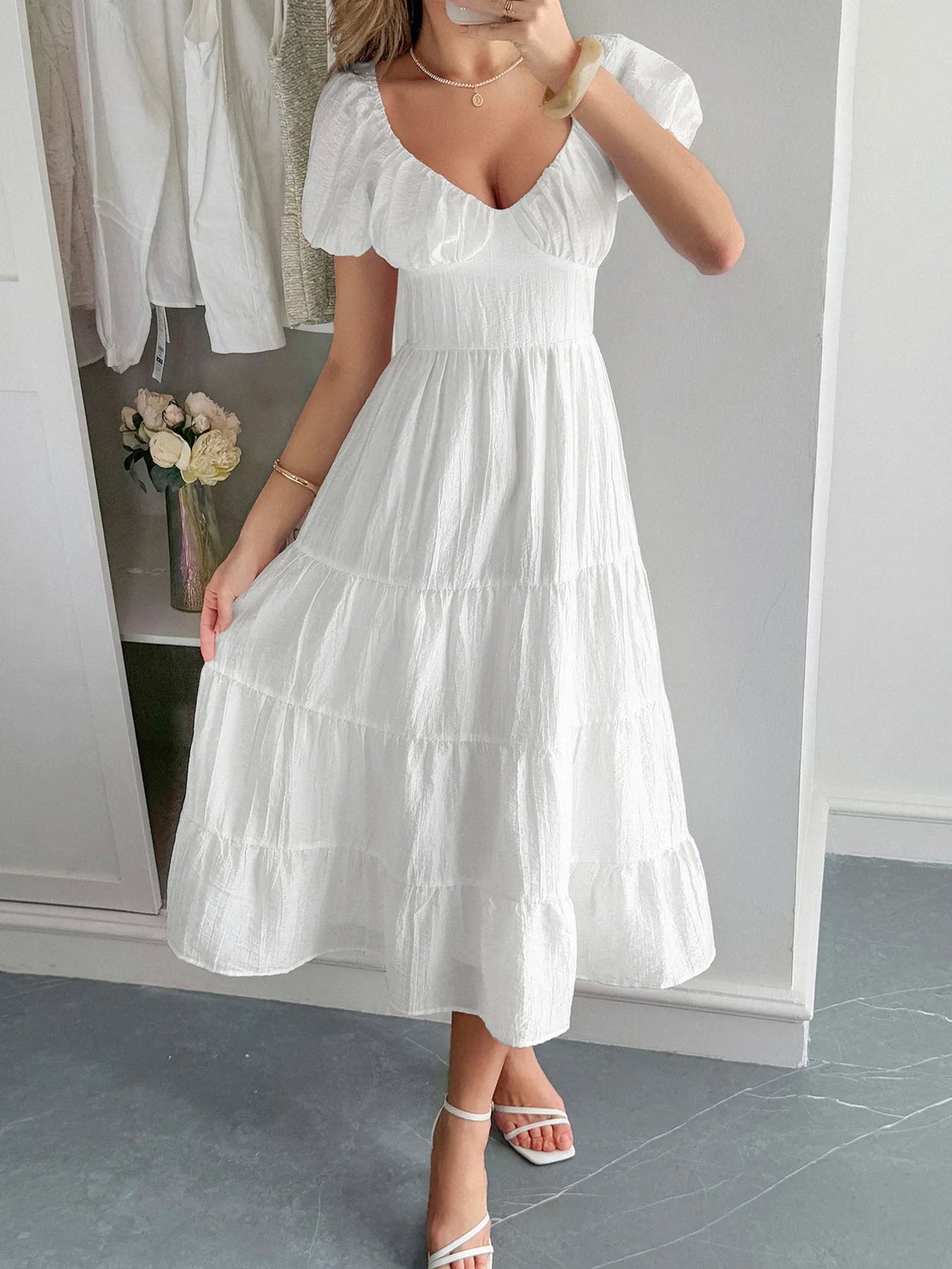 V-Neck Short Sleeve Midi Dress - Blushé Belle