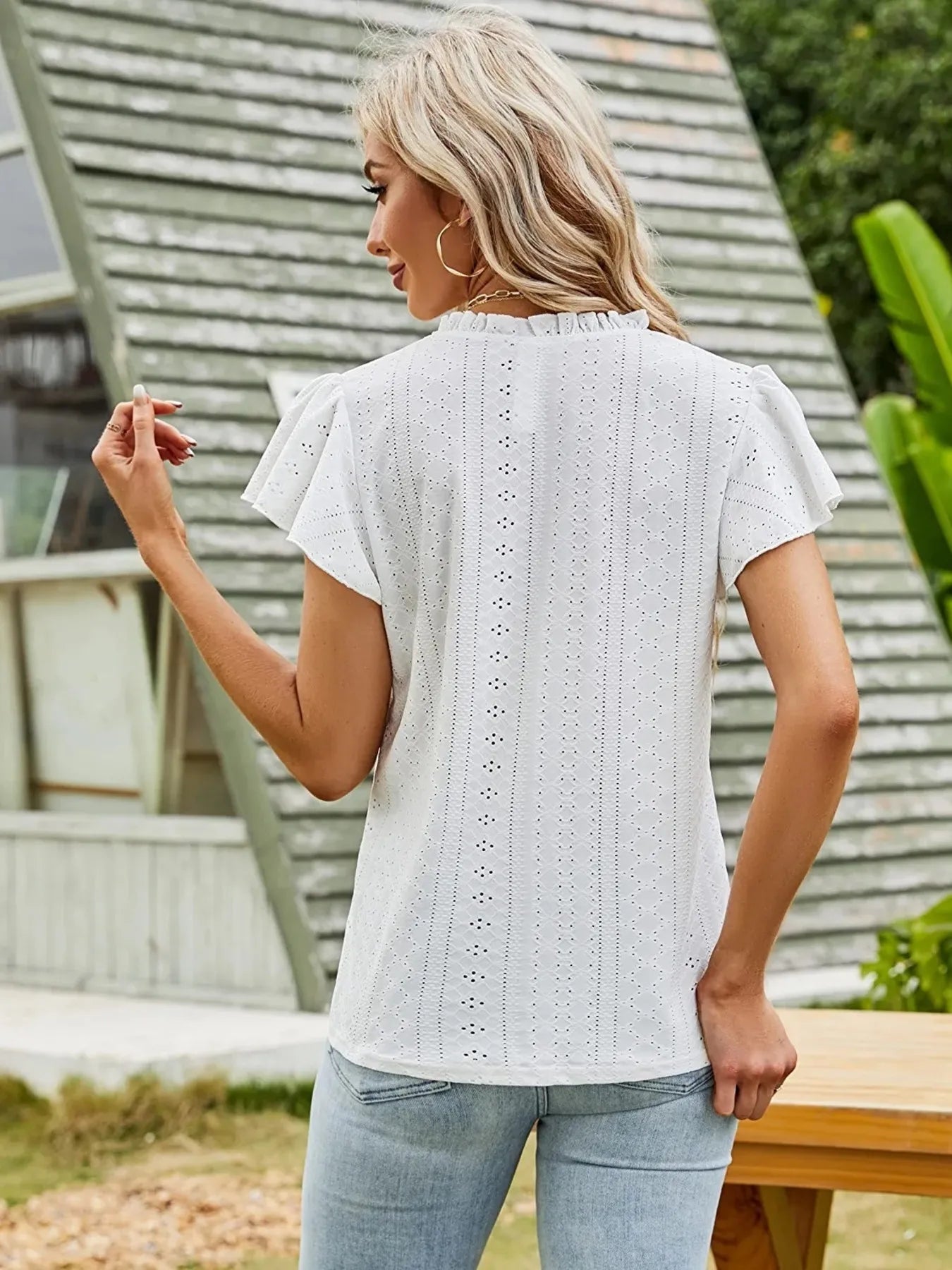 Eyelet Notched Short Sleeve T-Shirt - Blushé Belle