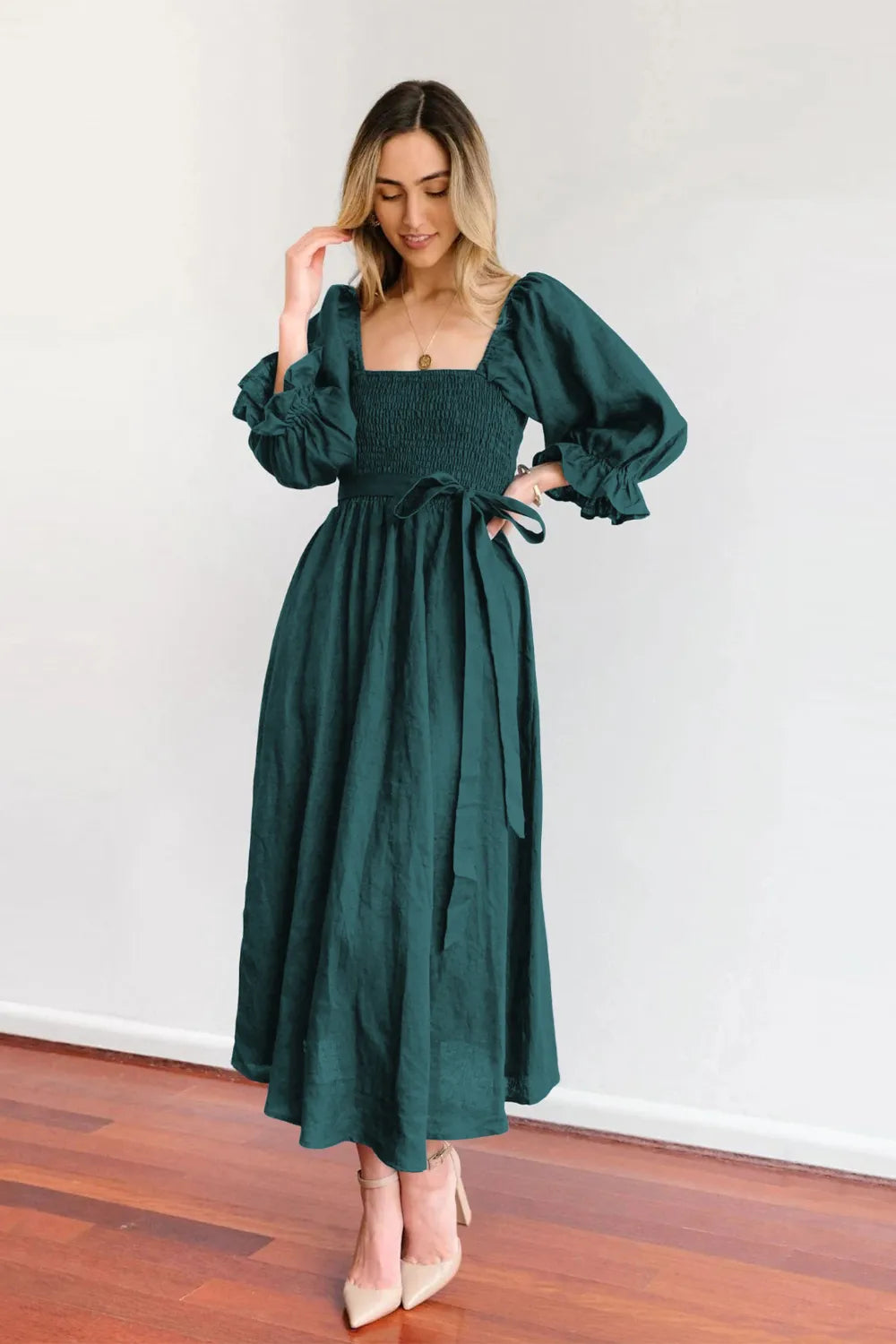 Smocked Tied Flounce Sleeve Midi Dress - Blushé Belle