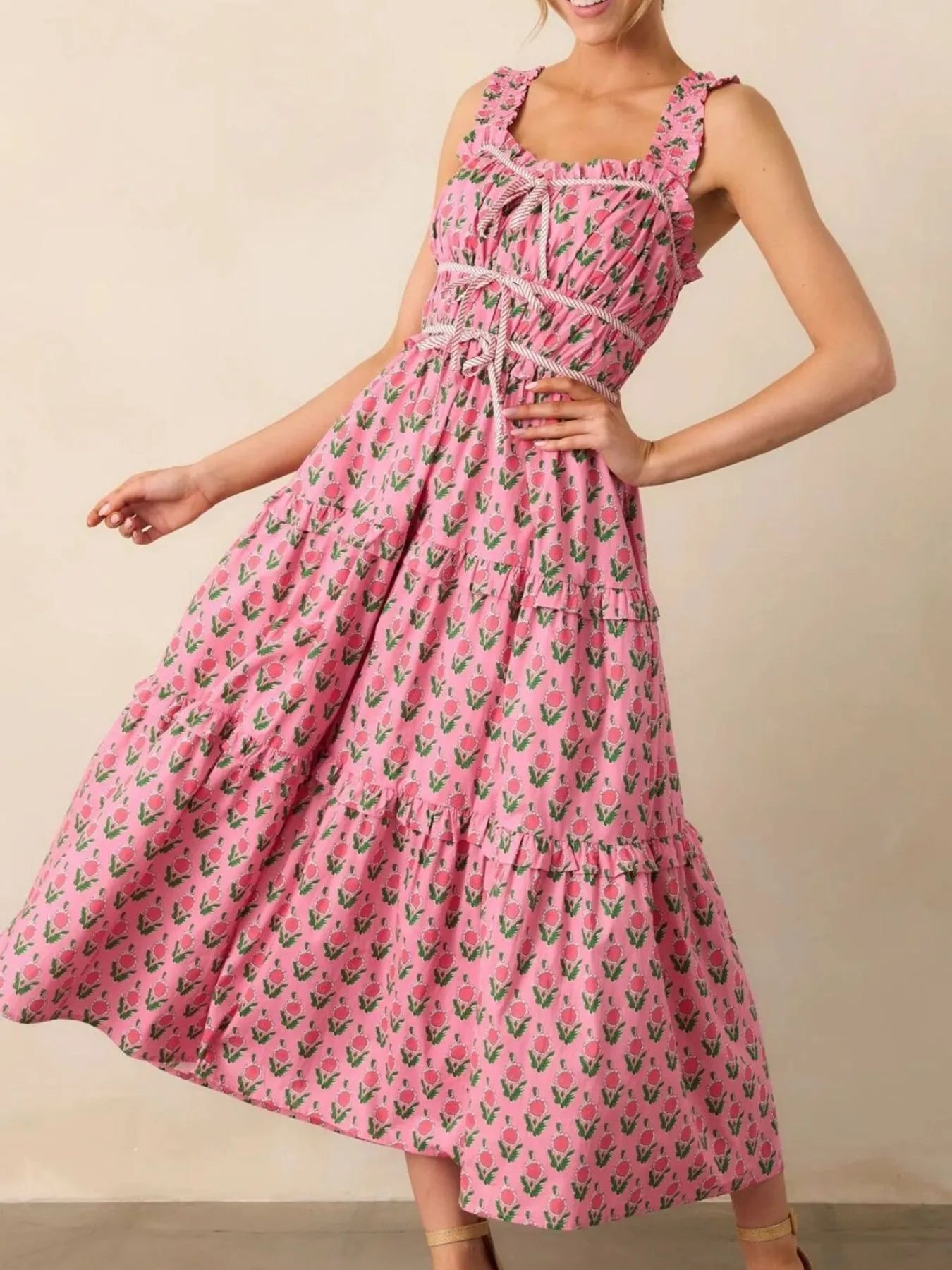Floral Print Ruffled Midi Dress with Pockets - Blushé Belle