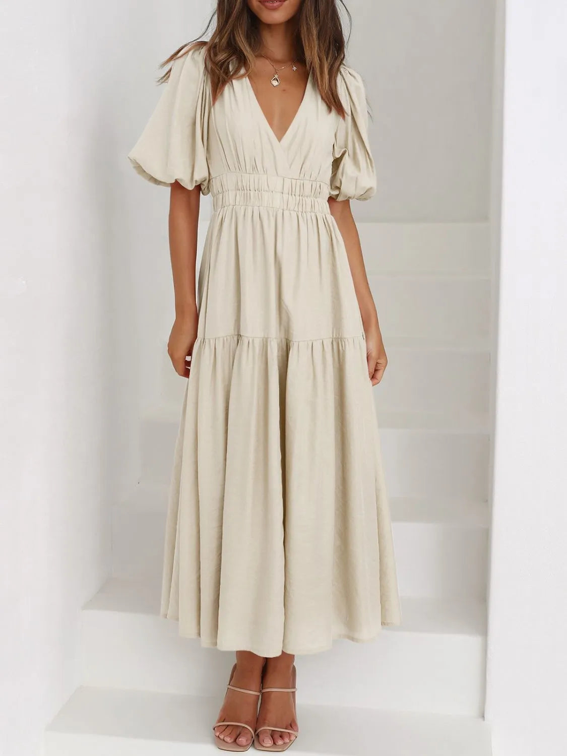 V-Neck Puff Sleeve Midi Dress - Blushé Belle