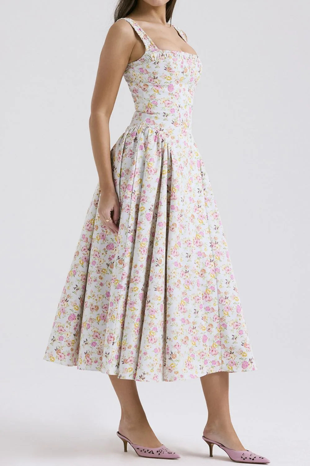 Floral Square Neck Wide Strap Midi Dress - Blushé Belle