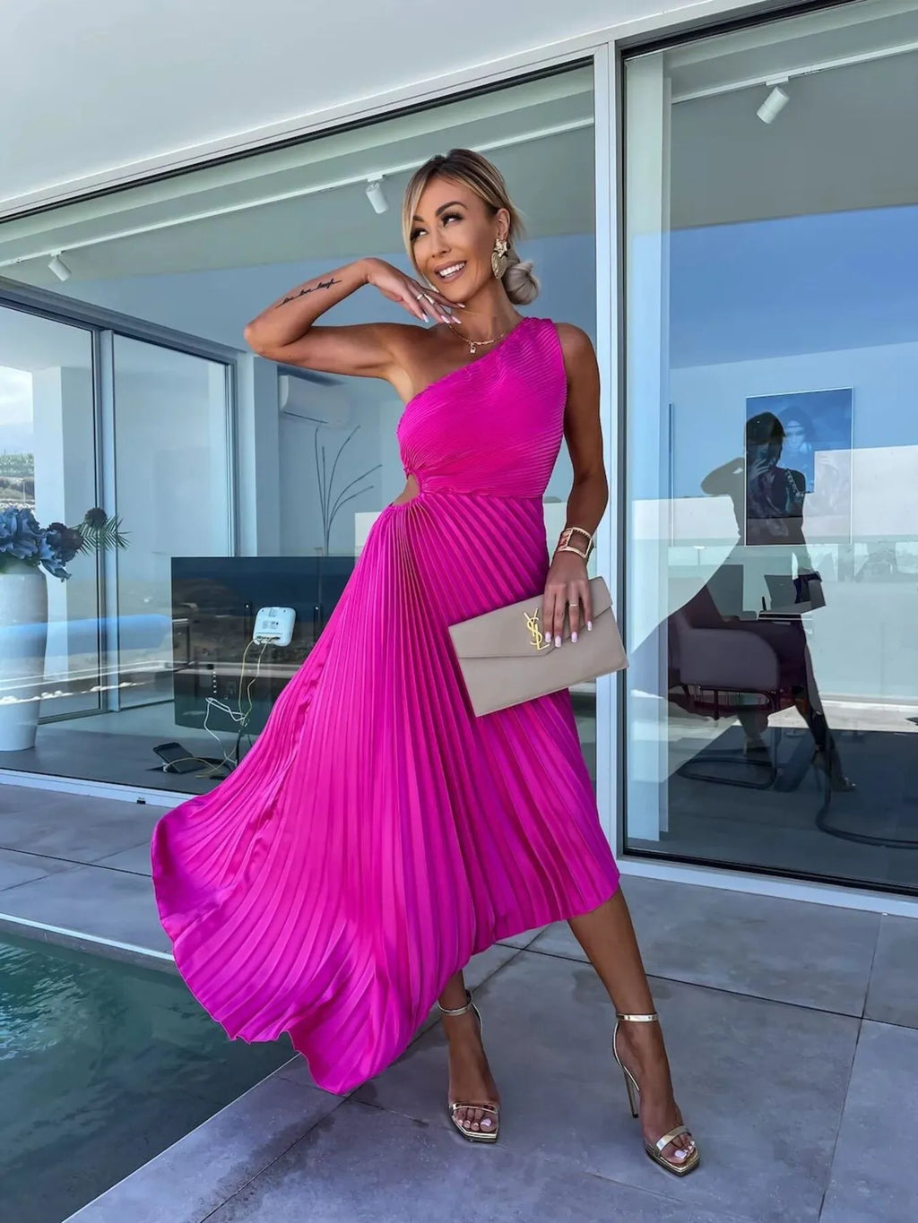 Full Size Single Shoulder Pleated Midi Dress Plus Size - Blushé Belle