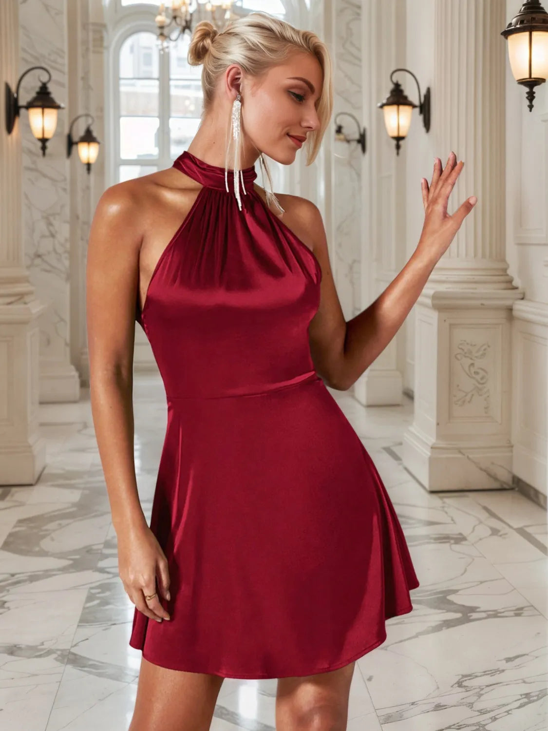 Ruched Grecian Neck Mini Dress - Blushé Belle