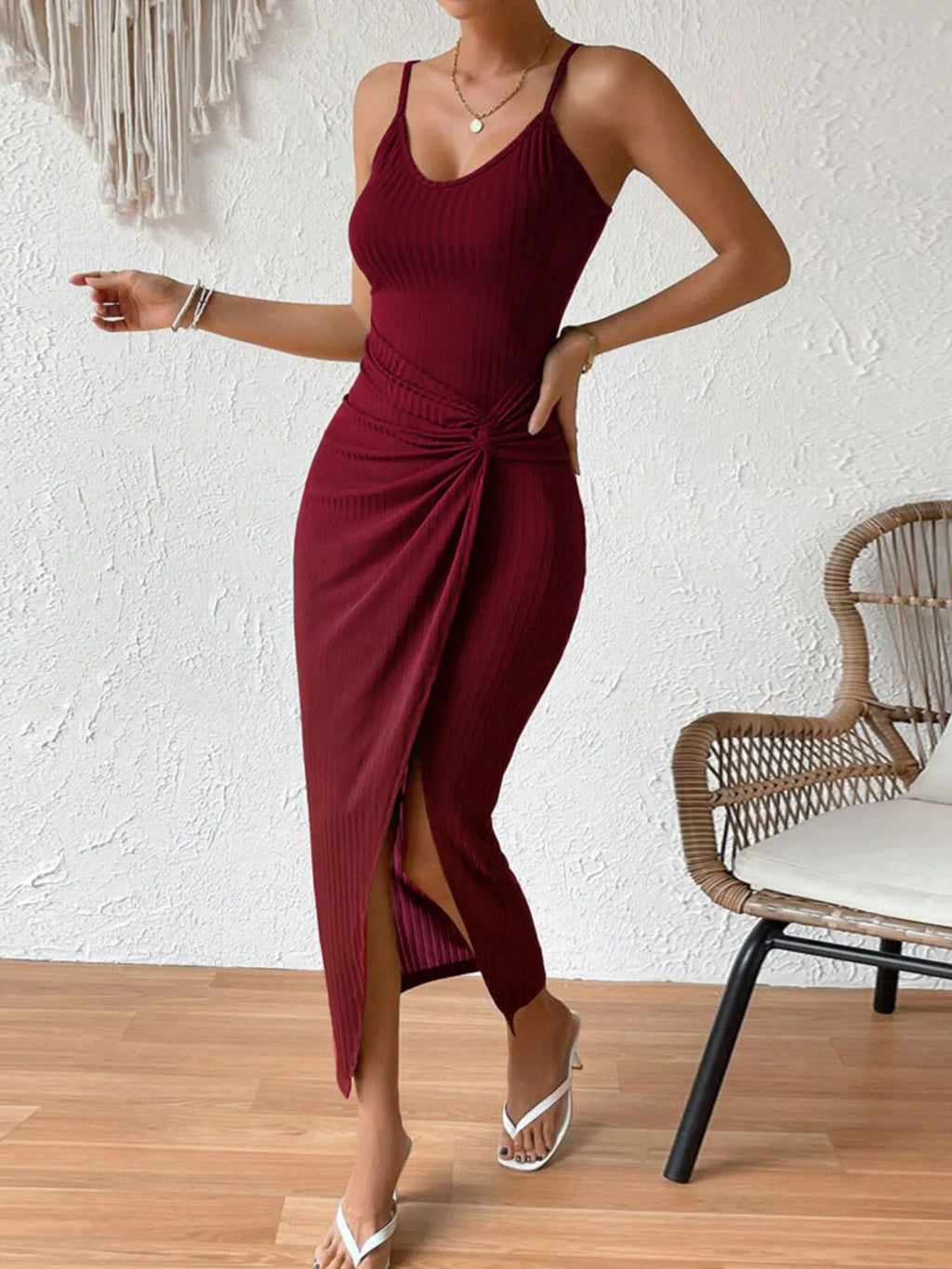 Ribbed Wrap Midi Dress with Side Slit - Blushé Belle