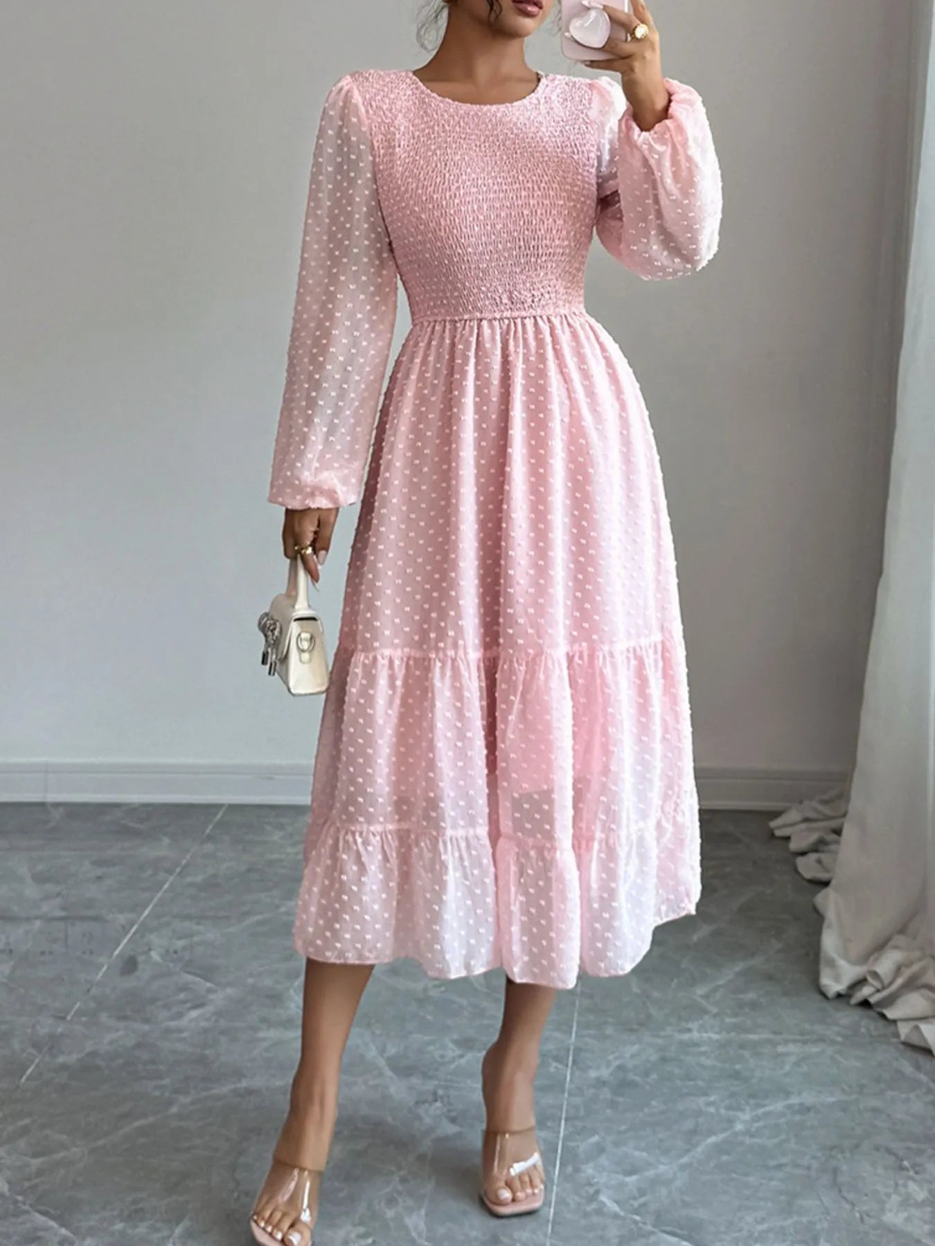 Polka Dot Long Sleeve Tiered Midi Dress - Blushé Belle