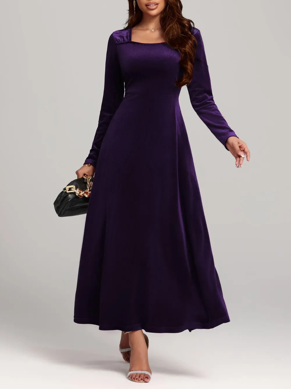 Square Neck Long Sleeve Velvet Dress - Blushé Belle