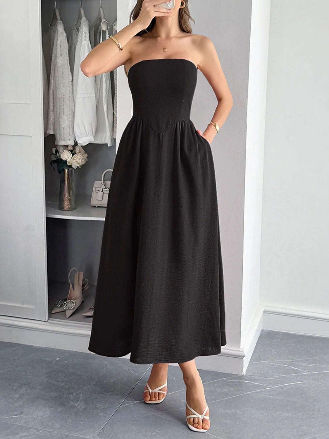 Strapless A-Line Midi Dress with Pockets - Blushé Belle