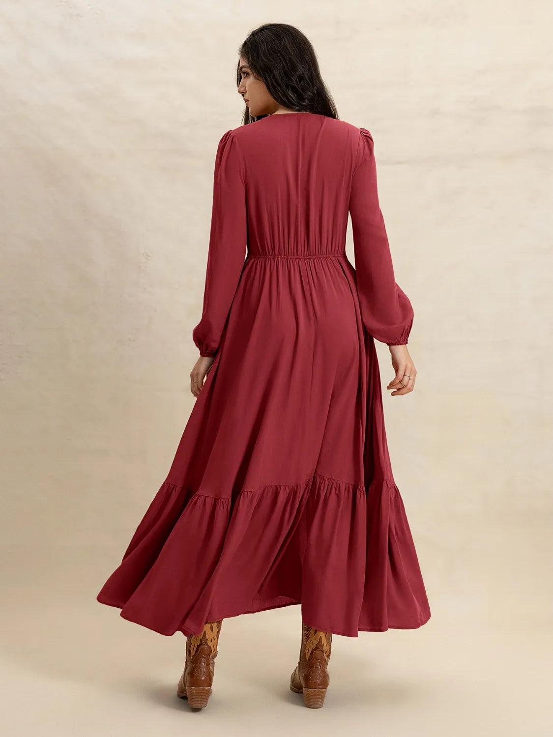V-Neck Balloon Sleeve Ruffled Hem Maxi Dress - Blushé Belle