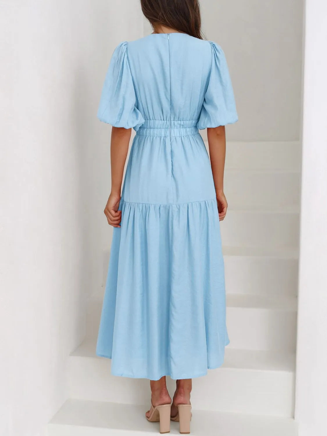 V-Neck Puff Sleeve Midi Dress - Blushé Belle