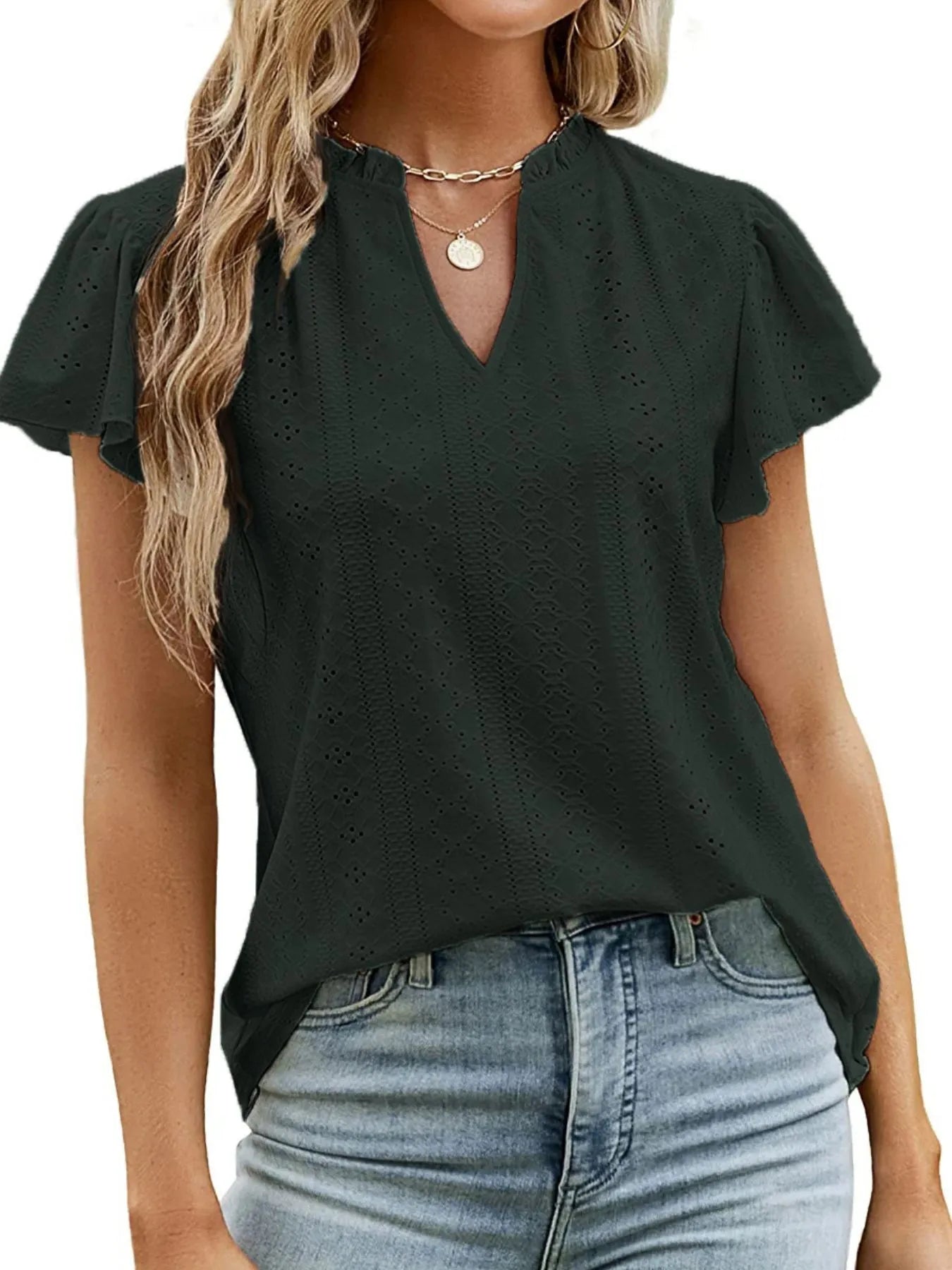 Eyelet Notched Short Sleeve T-Shirt - Blushé Belle