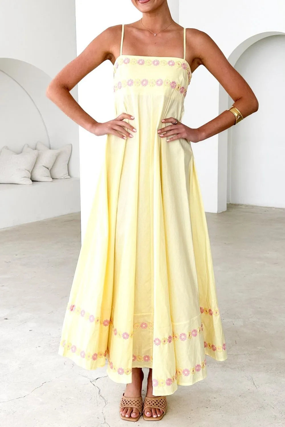 Floral Embroidered Spaghetti Strap Maxi Dress - Blushé Belle