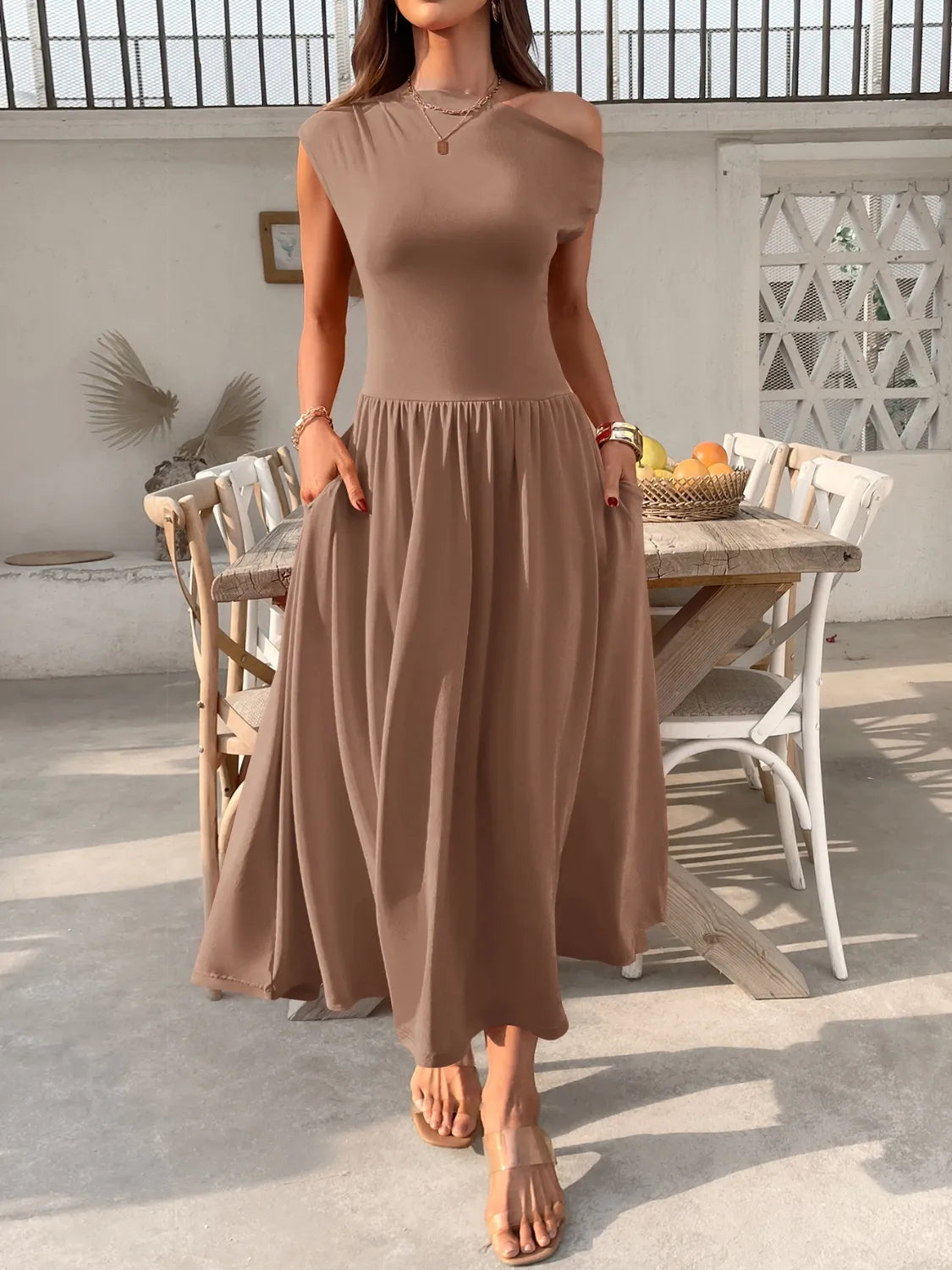 Single Shoulder Midi Dress with Pockets - Blushé Belle