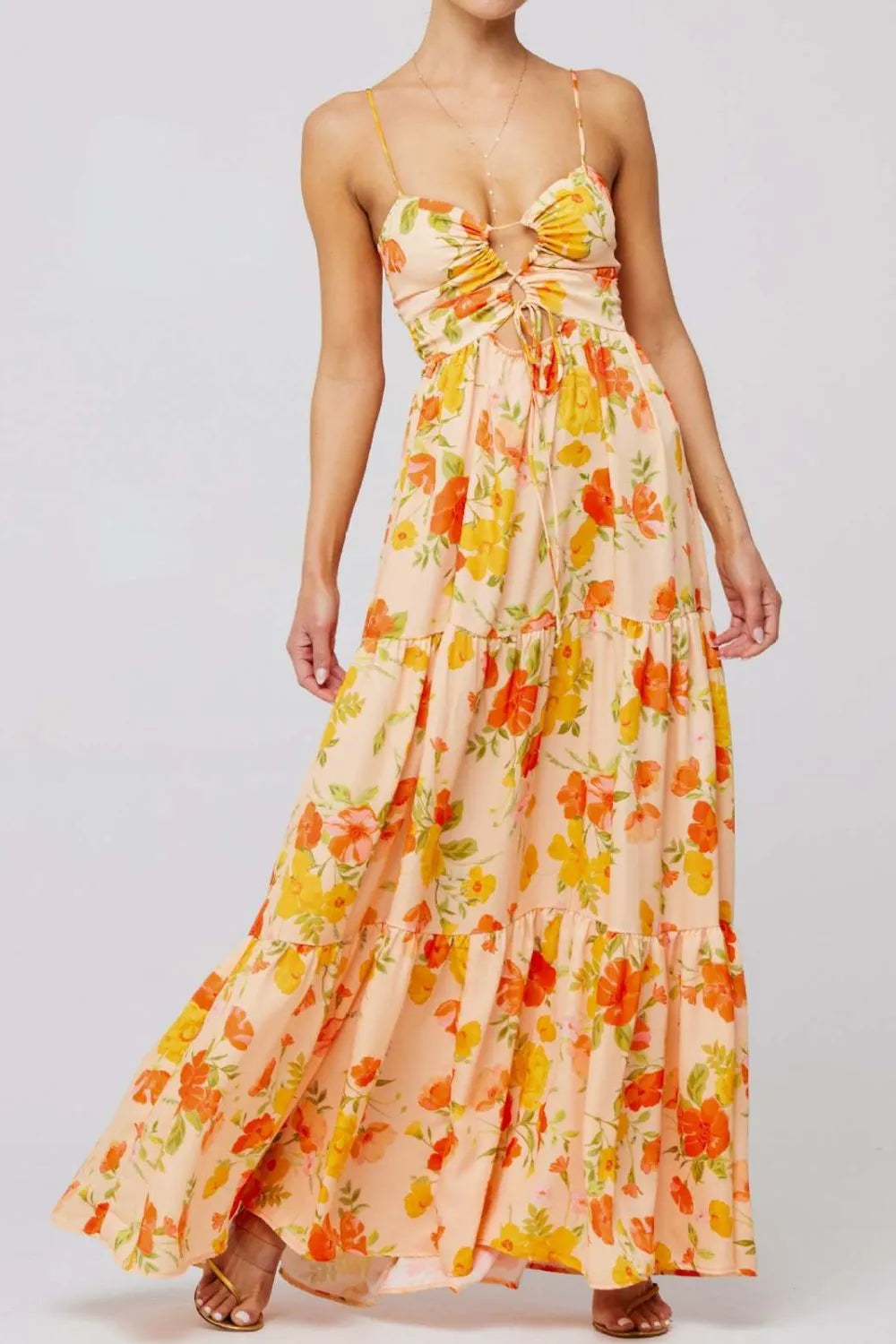 Floral Print Tie Front Tiered Maxi Dress - Blushé Belle