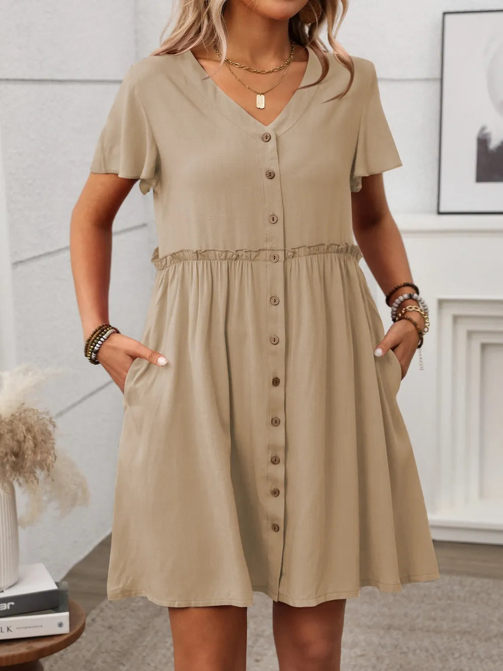 Button Front Flutter Sleeve Dress - Blushé Belle