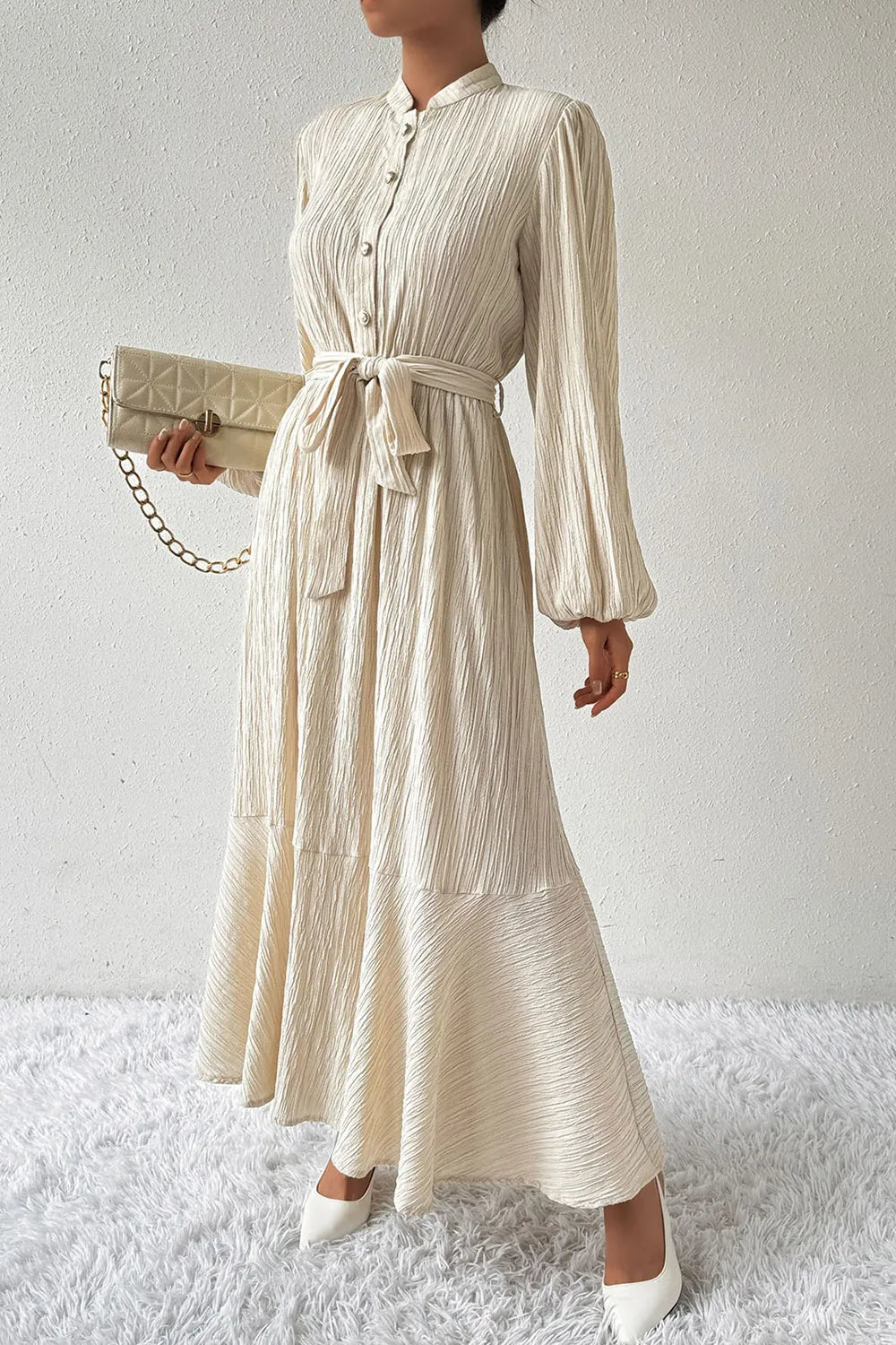 Honey Tied Button Up Balloon Sleeve Dress - Blushé Belle