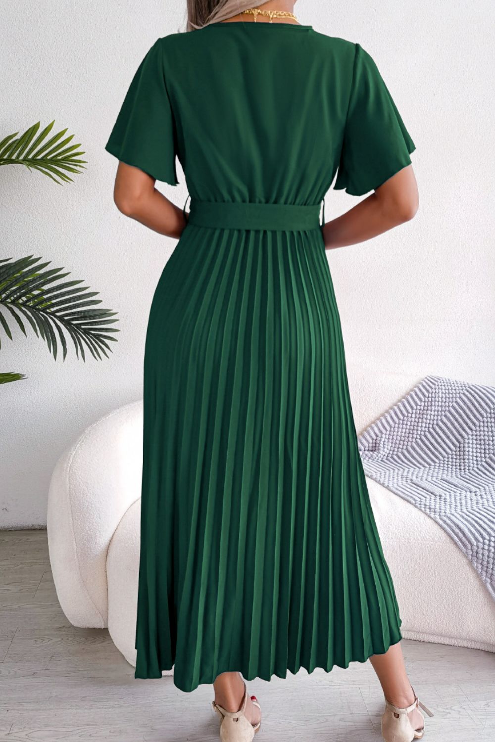 Pleated Flutter Sleeve Belted Dress - Blushé Belle